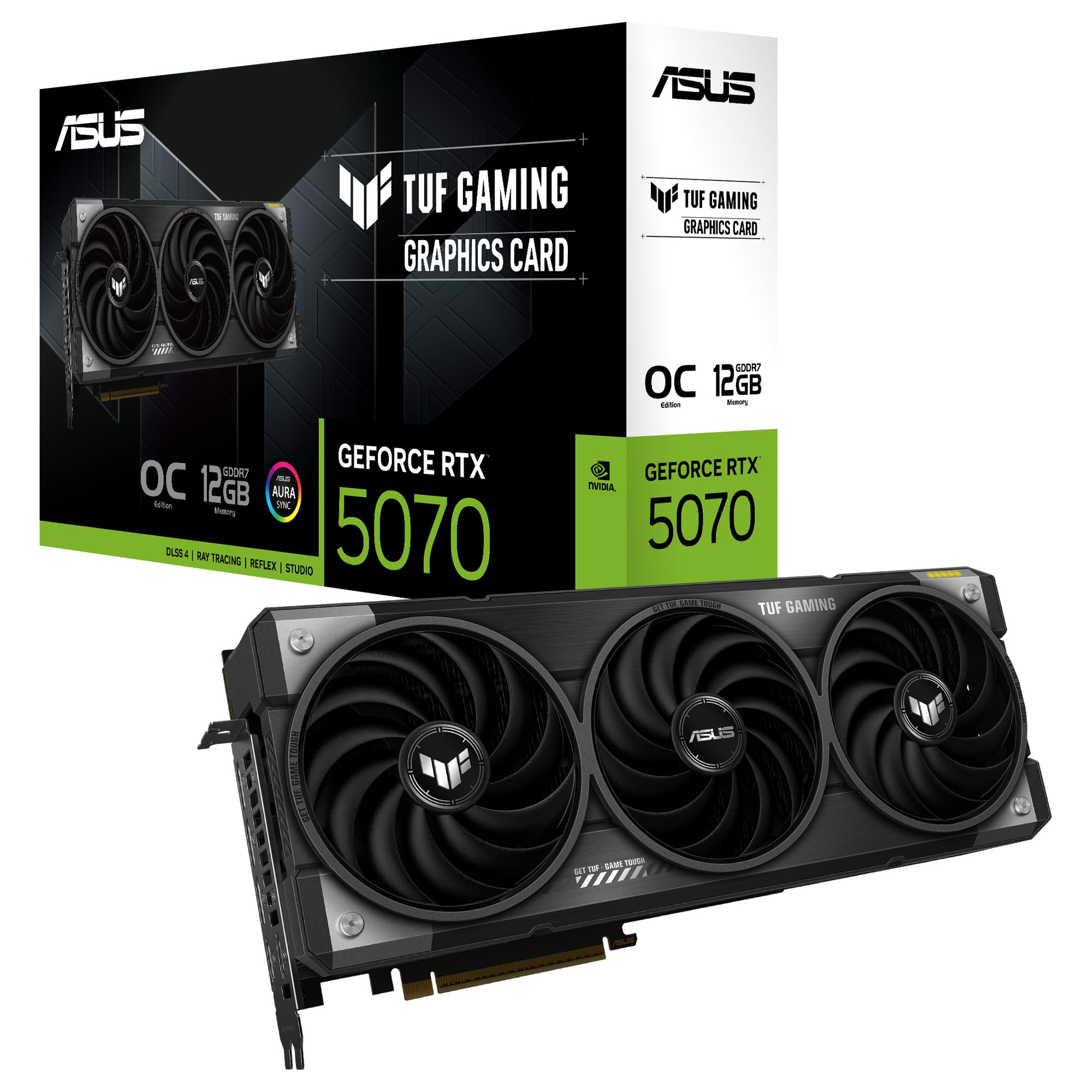 کارت گرافیک گیمینگ ایسوس TUF با GeForce RTX 5070 12GB GDDR7 OC Edition (PCIe 5.0، HDMI/DP 2.1، 3.125-اسلات، قطعات با استاندارد درجه نظامی، روکش محافظ PCB، فن‌های Axial-Tech) RTX 5070 TUF OC 12GB RTX 5070