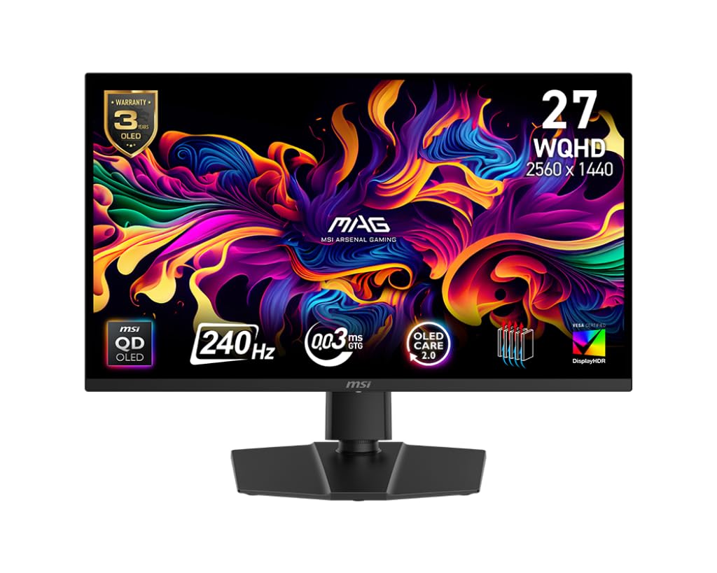 مانیتور بازی MSI MAG 271QP QD-OLED X24 اندازه 27 اینچ با وضوح 2560 در 1440 (QHD)، فرکانس تازه‌سازی 240Hz، Adaptive-Sync، پورت HDMI، DisplayPort، قابل نصب بر روی دیوار VESA، قابلیت تنظیم زاویه، تنظیم ارتفاع، بلندگو، زمان پاسخ 0.03ms، رنگ مشکی