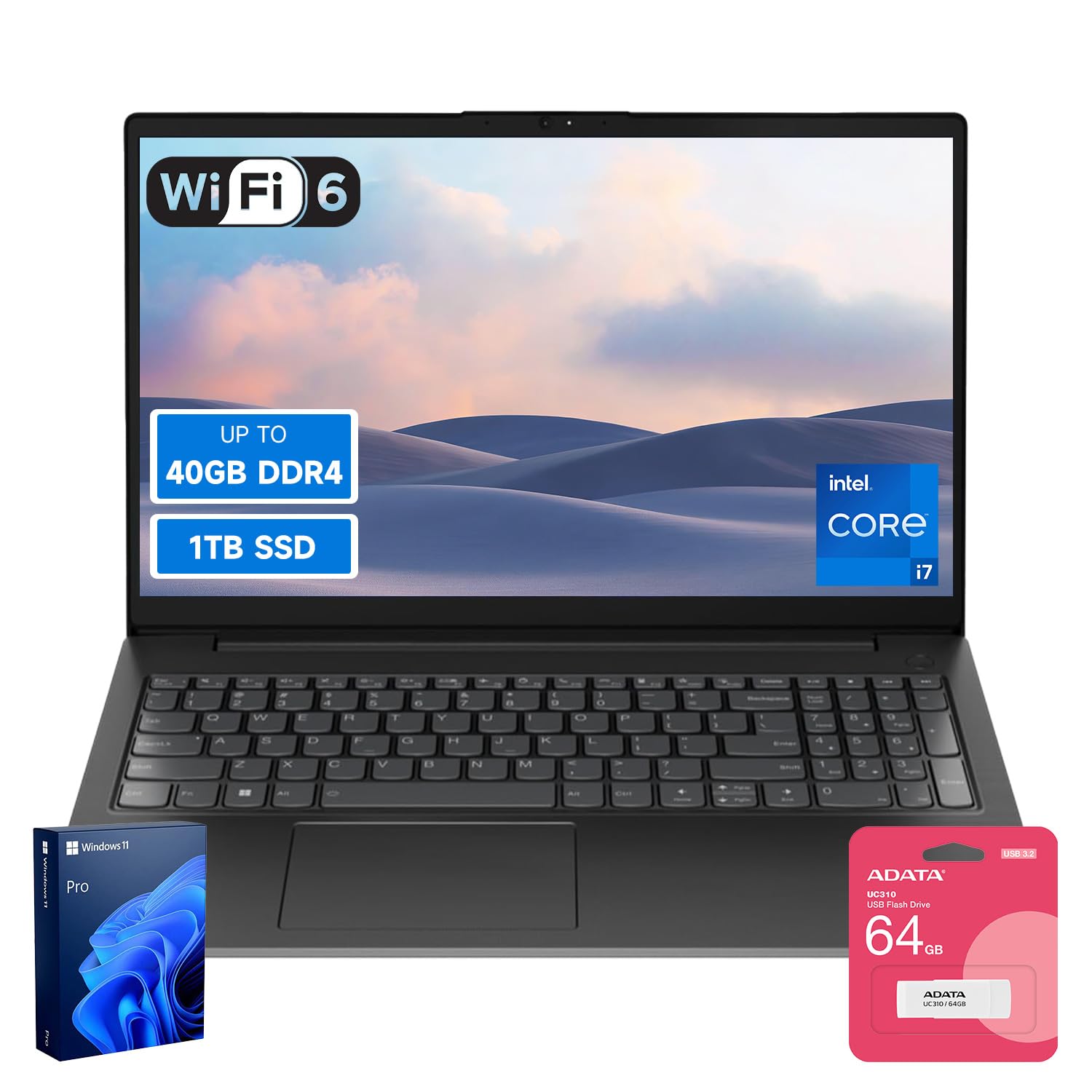 لپ تاپ کسب و کار با عملکرد بالا Lenovo V15، صفحه نمایش 15.6 اینچی FHD، پردازنده 10 هسته ای Intel نسل 13 i7-13620H، 16 گیگابایت رم، 512 گیگابایت حافظه داخلی SSD، وبکم، پورت HDMI، Wi-Fi 6، ویندوز 11 Pro، همراه با فلش مموری ADATA 64 گیگابایتی
