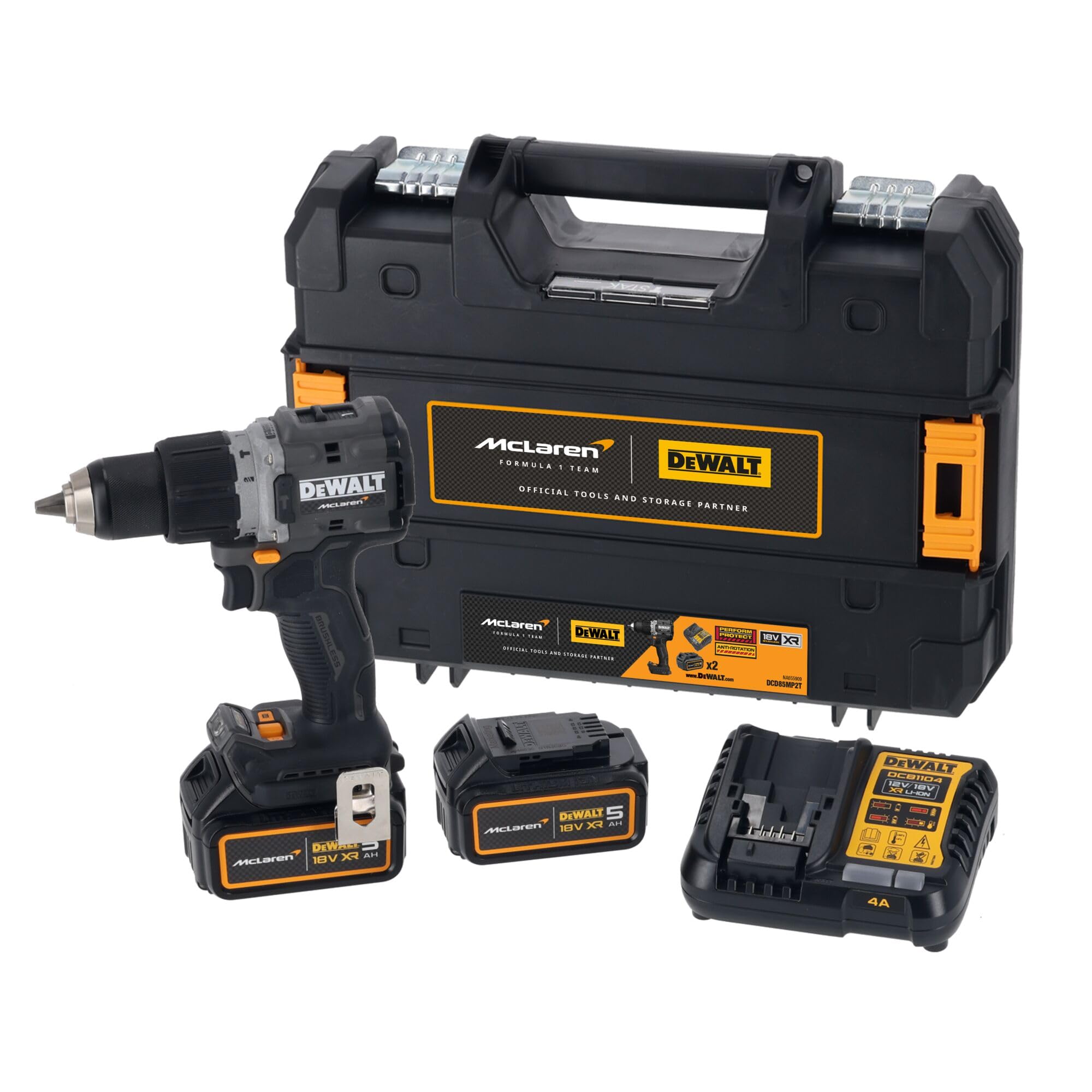 دوالت DCD85MP2T ماکلارن اف 1 18V XR دستگاه حفر برقی بدون محور قلم‌های متحرک با 2 باتری 5 آمپر، شارژر و کیف