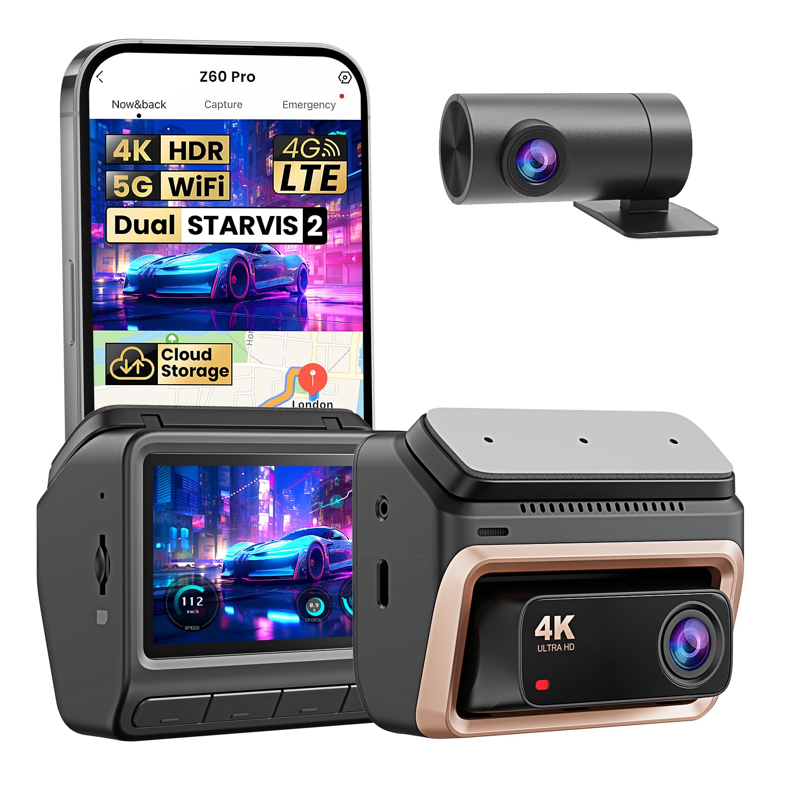 دوربین خودروی 4K DDPAI برای جلو و عقب خودروها، دوگانه 2160P+1080P با ستاره های 2 IMX678 و IMX662، دو HDR، 32G eMMC، 3K/60FPS، پشتیبانی از 4G LTE، WiFi 5G GPS، صفحه IPS 3 اینچ، دید در شب، حالت پارکینگ 24 ساعته، Z60 Pro