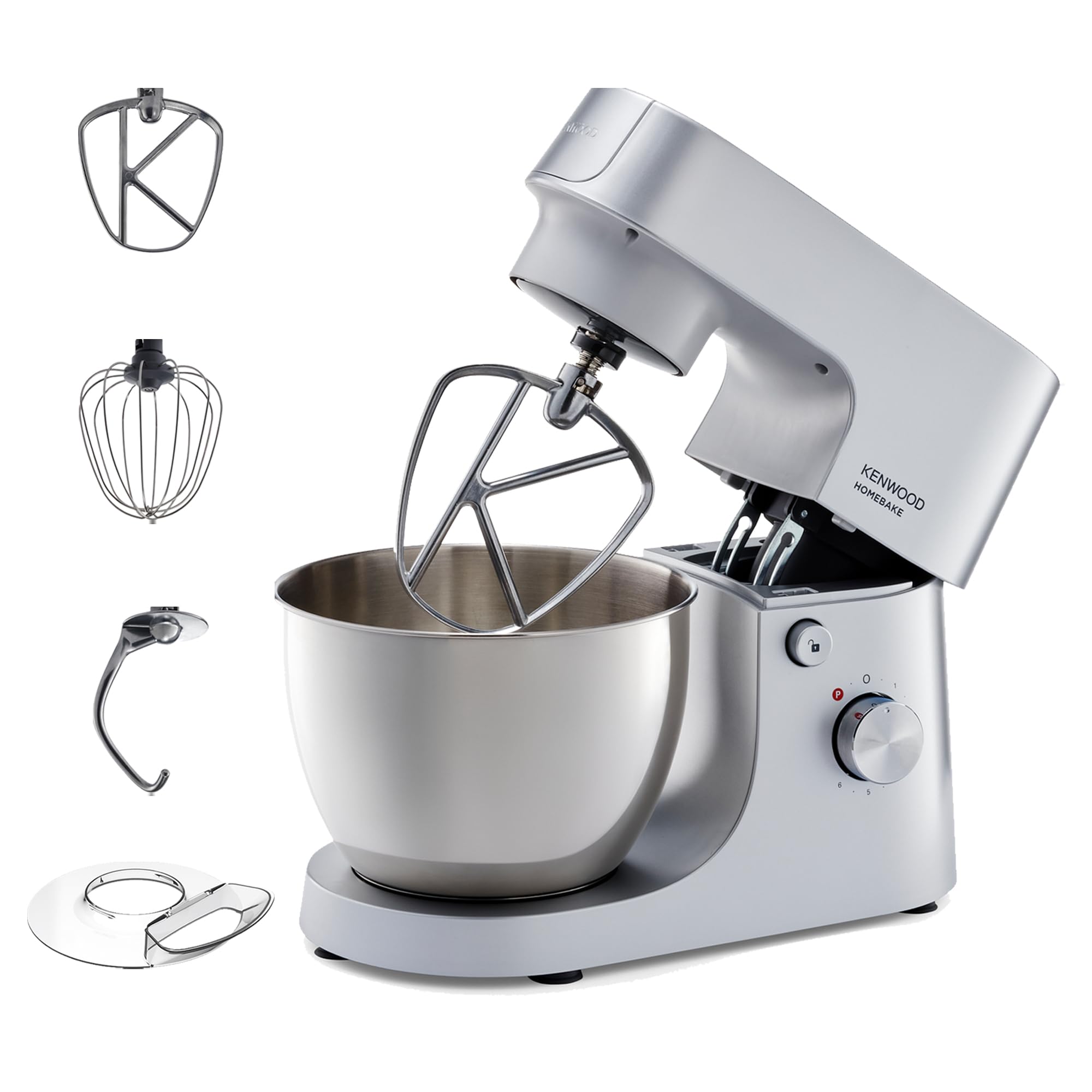 میکسر ایستاده KENWOOD ماشین آشپزی HOMEBAKE 1400 وات با کاسه استیل 5.0 لیتری، قاشق مخلوط‌کن، زنگ زده، هاک دو، KHH01.000SI نقره‌ای 3 پیوسته