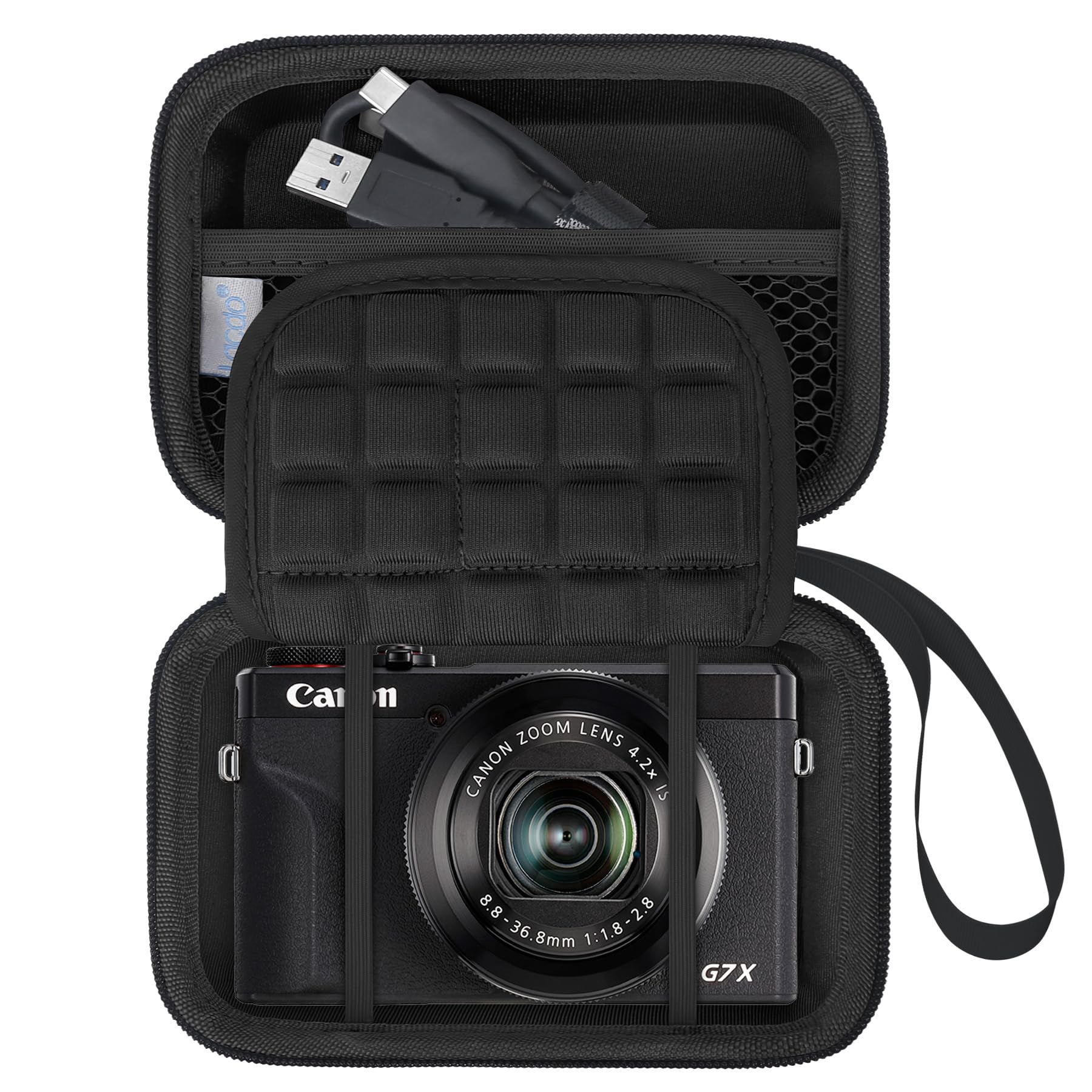 کیس دوربین Lacdo برای دوربین ولاگینگ Canon PowerShot G7 X Mark III/PowerShot G7 X Mark II دوربین 4K، کیس حمل و نقل دوربین Point and Shoot Vlogging، جیب مشکی که کابل USB، باتری‌ها جای می‌گیرد، مشکی+سیاه
