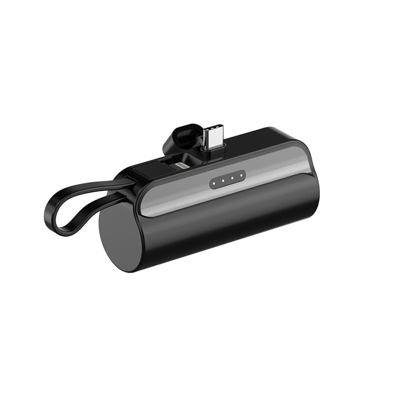 توان خروجی 5000mAh پاور بانک مینی با کانکتور نوع C، شارژر قابل حمل، باتری داخلی، کابل‌های تاشو، استند قابل تاشو و نمایشگر LED - سازگار با آیفون، گلکسی سامسونگ، ایرپاد و آیپد (مشکی)