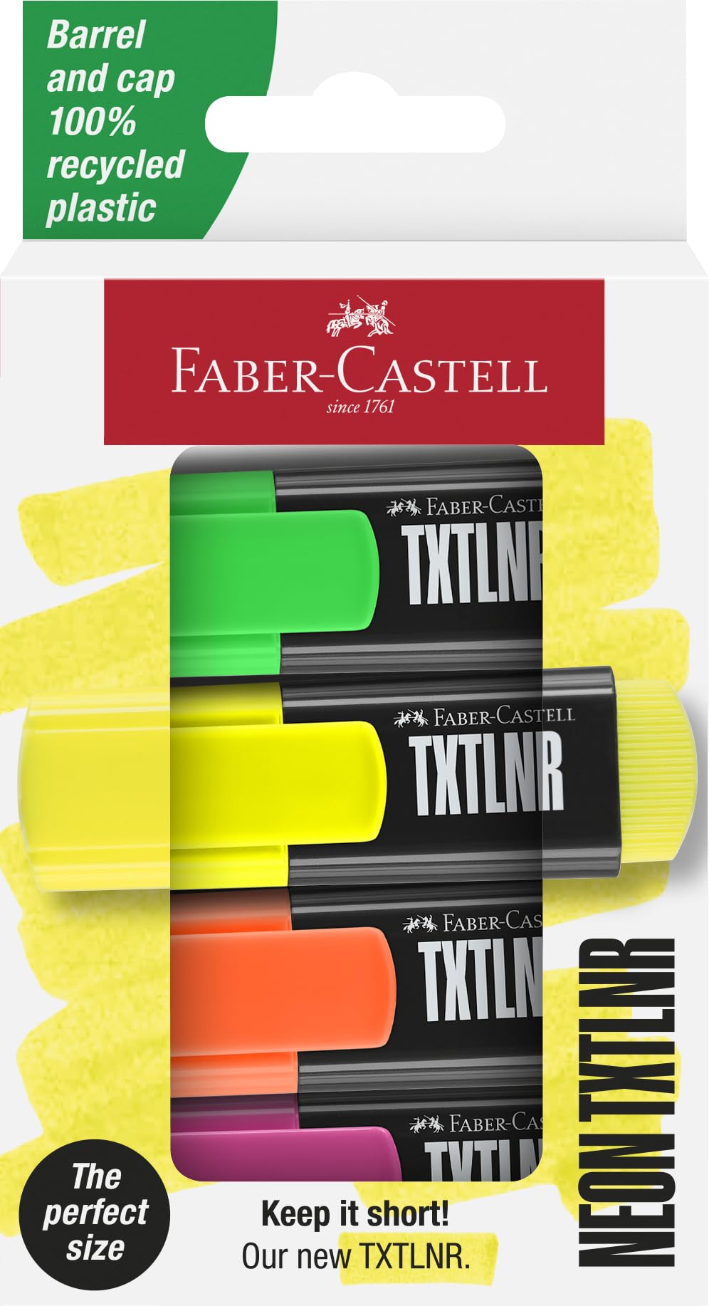 مداد روشن‌کننده کوچک Faber-Castell 4 عددی فوق‌فسفری متنوع، 3 عرض خط مختلف 1، 2 و 5 میلیمتر، نوک چیزل مقاوم