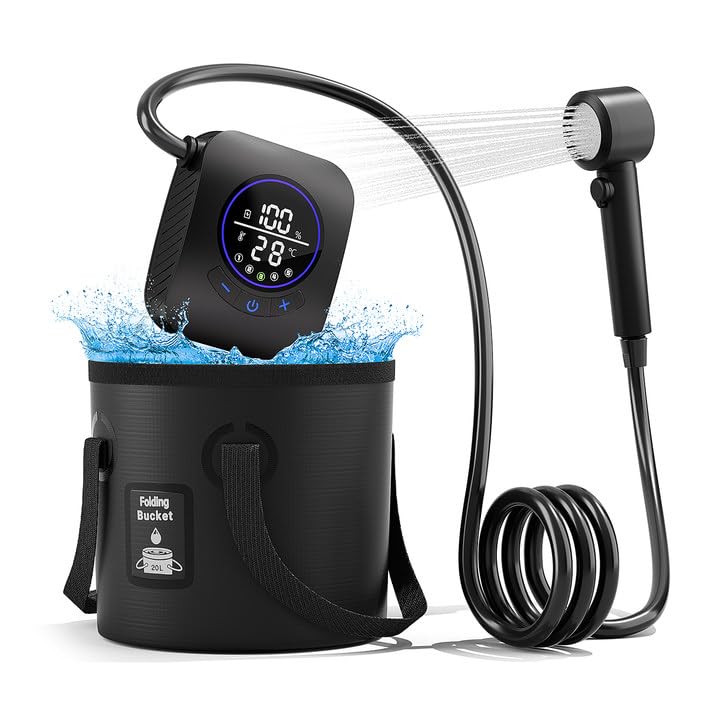 مایتریکس Portable Shower، 8000mAh شارژشدنی Camping Shower Pump با سطل قابل‌تاشوی 20 لیتر، 5 حالت اسپری، IPX8، ایده‌آل برای فضای باز، سفر، شستشوی خودرو، حمام حیوانات خانگی و آبیاری گیاهان مشکلات سیاه