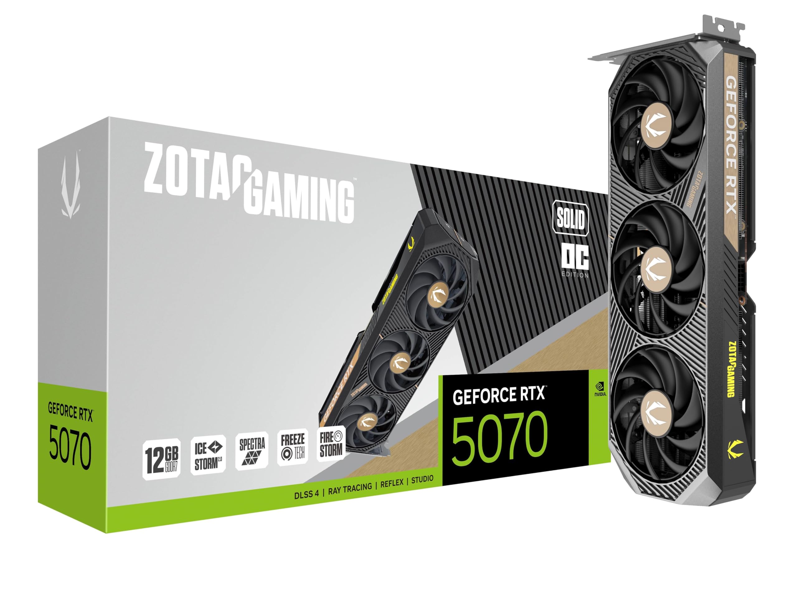 کارت گرافیک بازی ZOTAC Gaming GeForce RTX 5070 Solid OC DLSS 4 12GB GDDR7 192-bit 28 Gbps PCIE 5.0، خنک‌کننده IceStorm 2.0، نورپردازی Spectra RGB، ZT-B50700J-10P