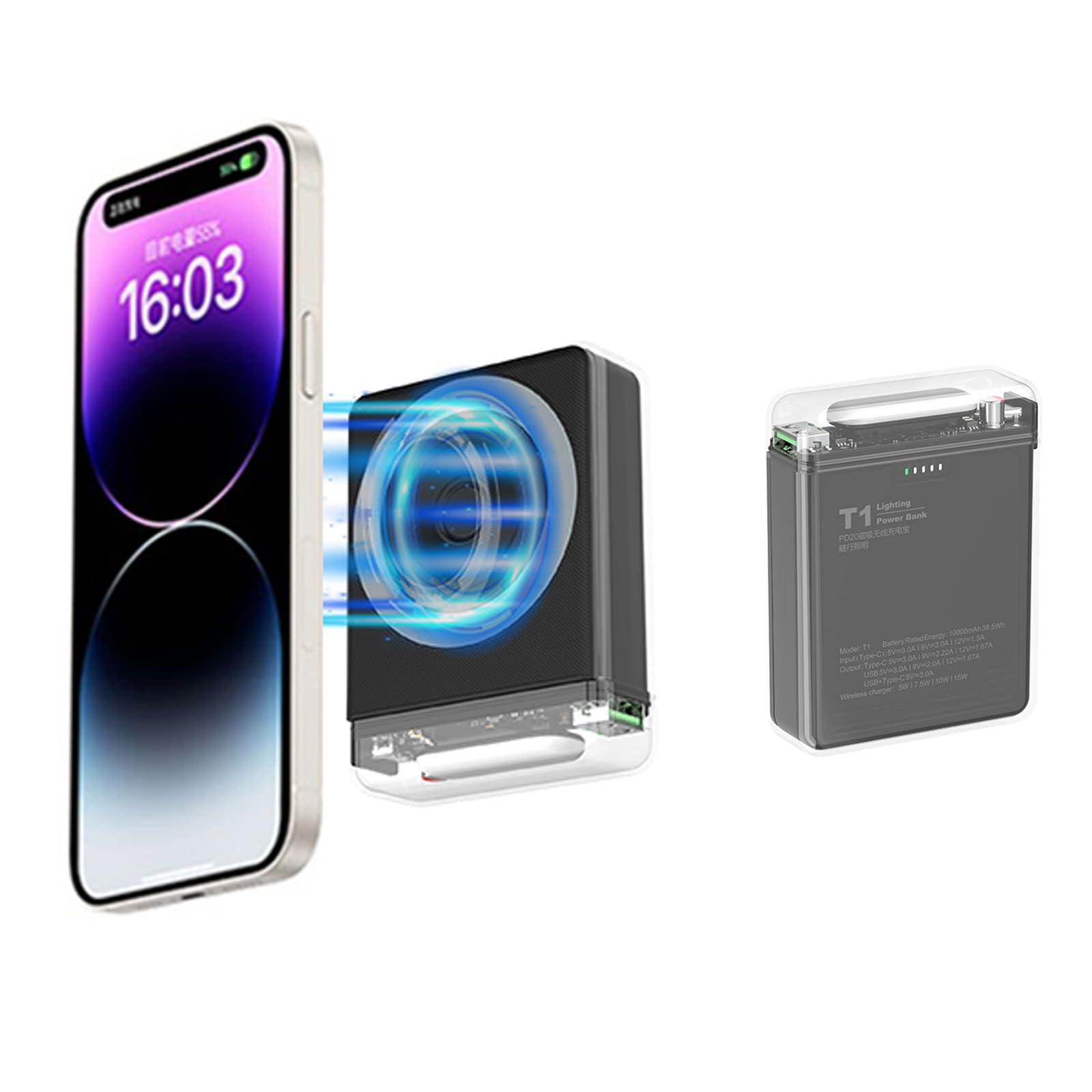 پاوربانک بی‌سیم مغناطیسی 10000mAh - شارژ سریع Qi شارژر قابل حمل برای آیفون 11-14، ایرپاد 2، اپل واچ و دستگاه‌های اندرویدی با فناوری Qi (سیاه)