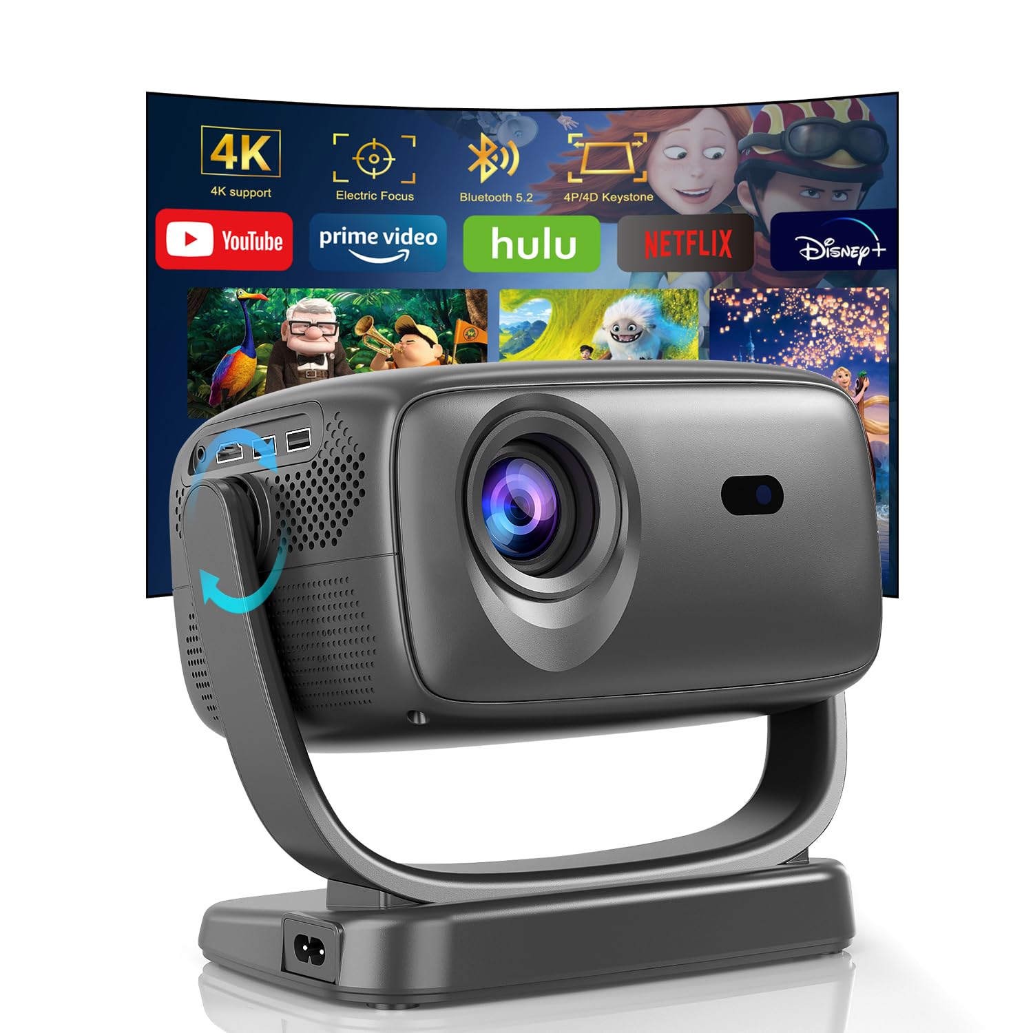 مینی پروژکتور [Built-in App]، پروژکتور 4K با چرخش ۱۸۰ درجه، پروژکتور قابل حمل FHD ۱۰۸۰P با پشتیبانی WiFi ۶ و بلوتوث ۵.۲، پروژکتور هوشمند خارجی با حداکثر ۲۲۰ اینچ، سازگار با آیفون/اندروید/TV Stick ۴K Smart Projector