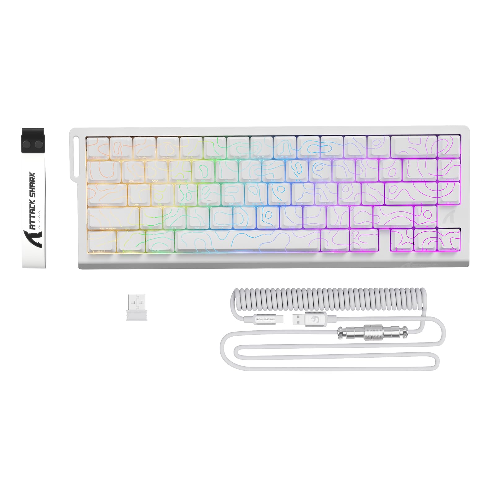 کیبورد بی‌سیم با تریگر سریع ATTACK SHARK X68PRO HE، دقت ۰.۰۱ میلیمتر RT، سوئیچ مغناطیسی، ۸۰۰۰هرتز، مسیر عملکرد قابل تنظیم، ضربه سبک، نور پس‌زمینه RGB، کابل اسپایرال C01 - سفید