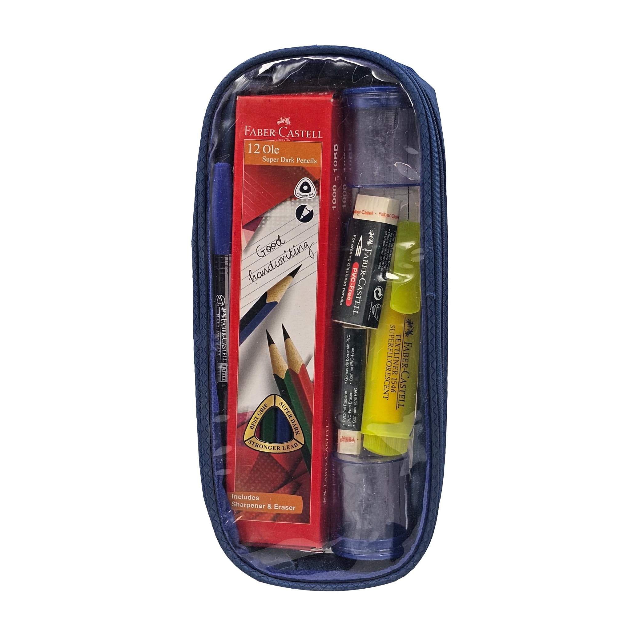 مداد گرافیت Faber-Castell 24 عدد + پاک کن PVC آزاد 2 عدد + تیغه مداد 2 عدد + خودکار 1423 روان نویس آبی 2 عدد + مداد نشانگر زرد 1 عدد + جیب مداددوزی با زیپ