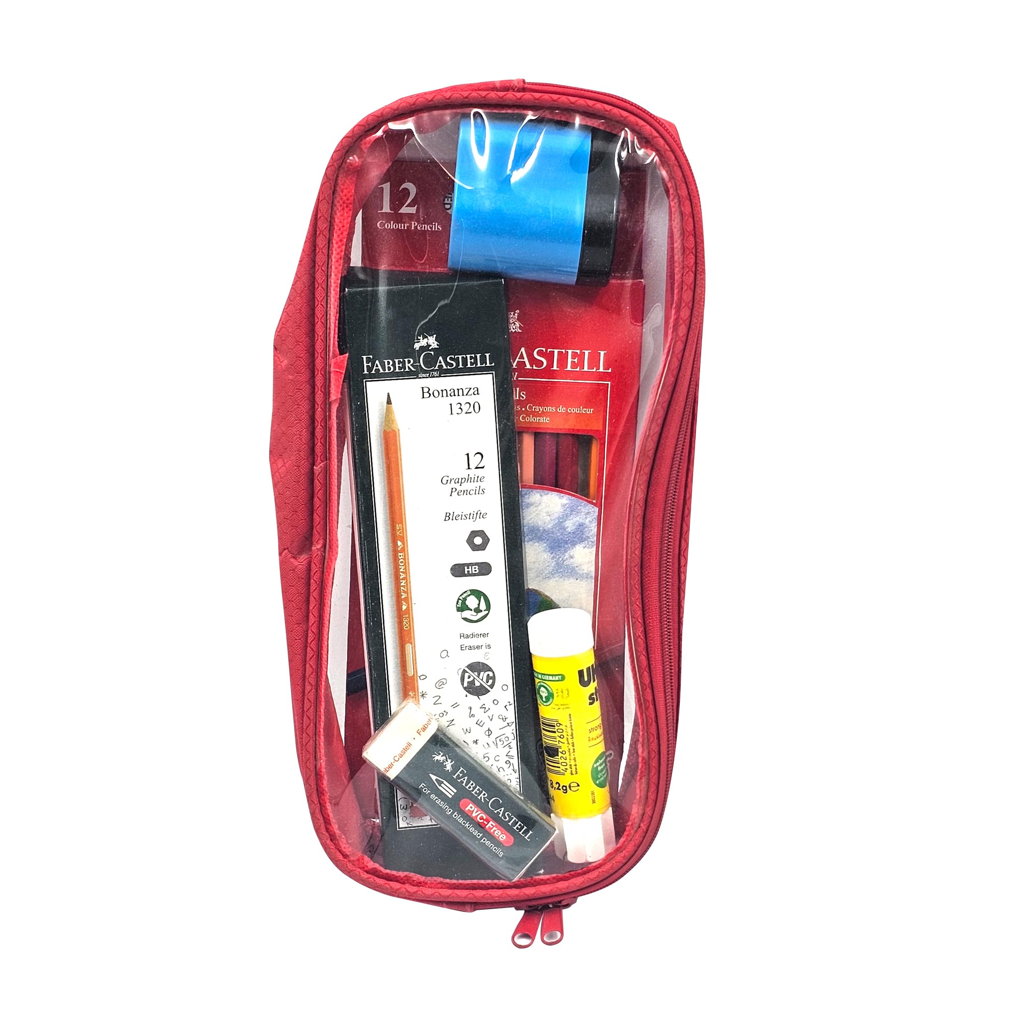 مداد رنگی Faber-Castell 12 رنگ + مداد گرافیت Bonanza 12 عدد + پاک کن PVC بدون سرب + تیغه اره + چسب مونتاژ 8 گرم + کیسه مداد با زیپ قرمز