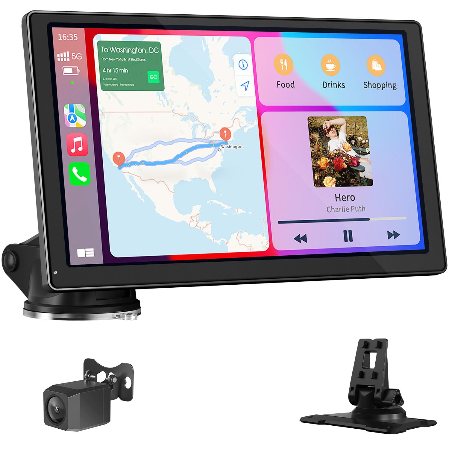 نمایشگر بی‌سیم قابل حمل 9 اینچی با پشتیبانی از Apple CarPlay و Android Car، دارای نگهدارنده مغناطیسی، به‌روزرسانی از طریق اینترنت، قابلیت نمایش در حالت عمودی و افقی، دوربین عقب، بلوتوث، کنترل صدا، و ناوبری GPS