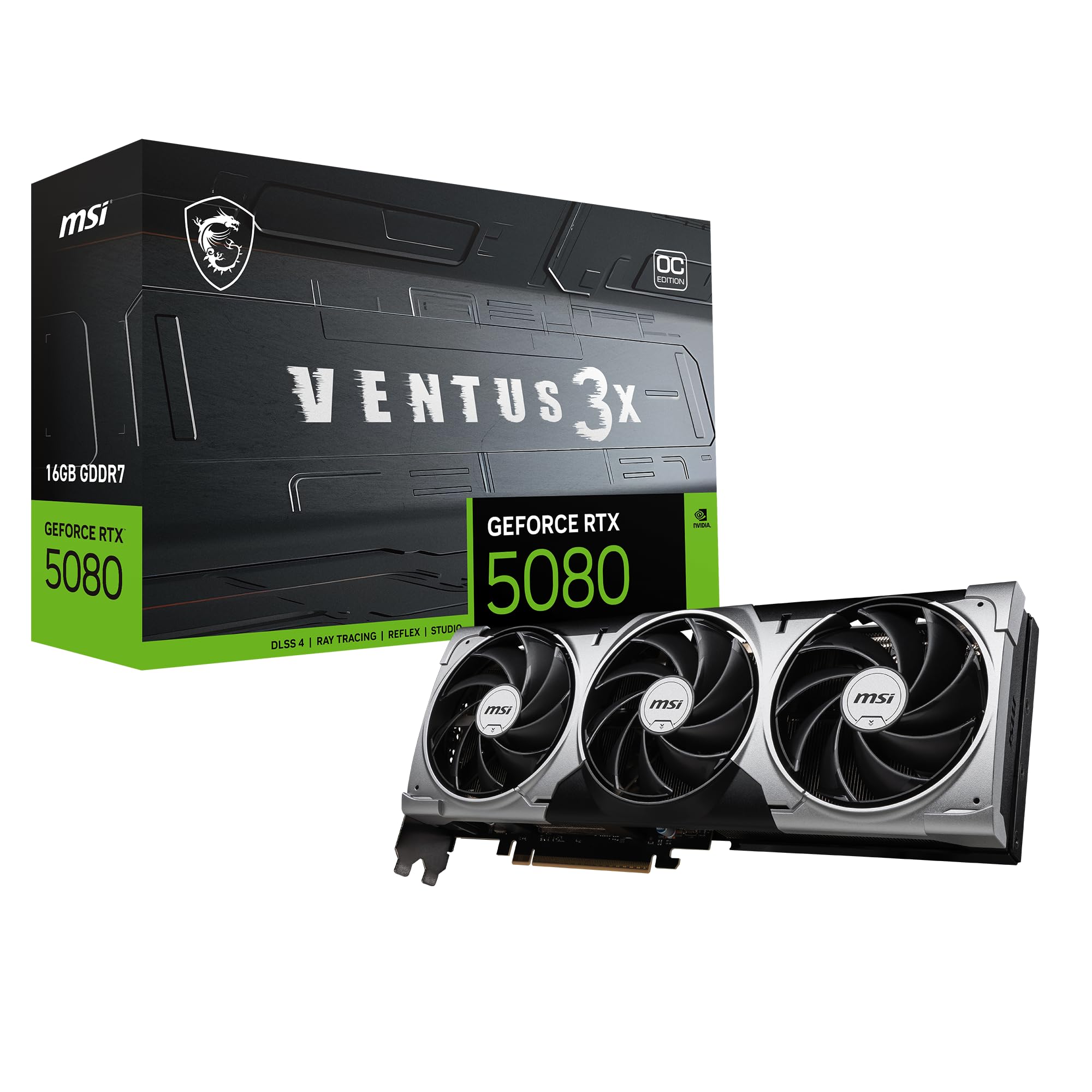 کارت گرافیک MSI Gaming RTX 5080 16G Ventus 3X OC (16GB GDDR7، 256-bit، عملکرد بی‌نظیر: 2655 MHz، DisplayPort x3 2.1a، HDMI 2.1b، معماری NVIDIA Blackwell)