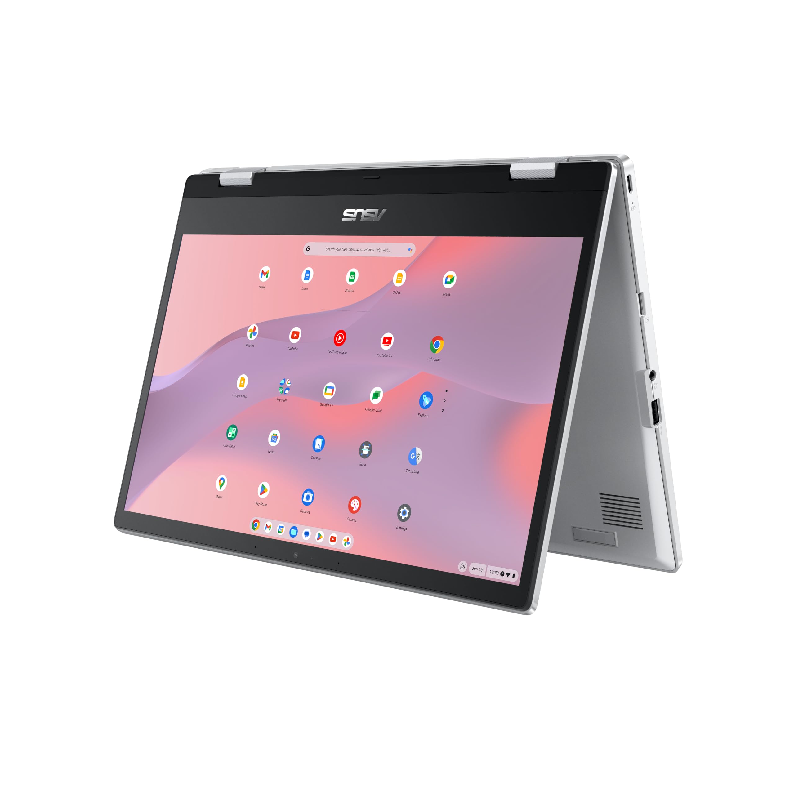 لپ تاپ قابل تبدیل ASUS Chromebook Flip CX1، صفحه نمایش ۱۴ اینچی FHD NanoEdge با قابلیت لمس ۳۶۰ درجه، پردازنده Intel Celeron N4500، حافظه داخلی ۱۲۸GB eMMC، رم ۸GB، سیستم عامل ChromeOS، رنگ Transparent Silver، مدل CX1400FKA-AS88FT Convertible | Touch