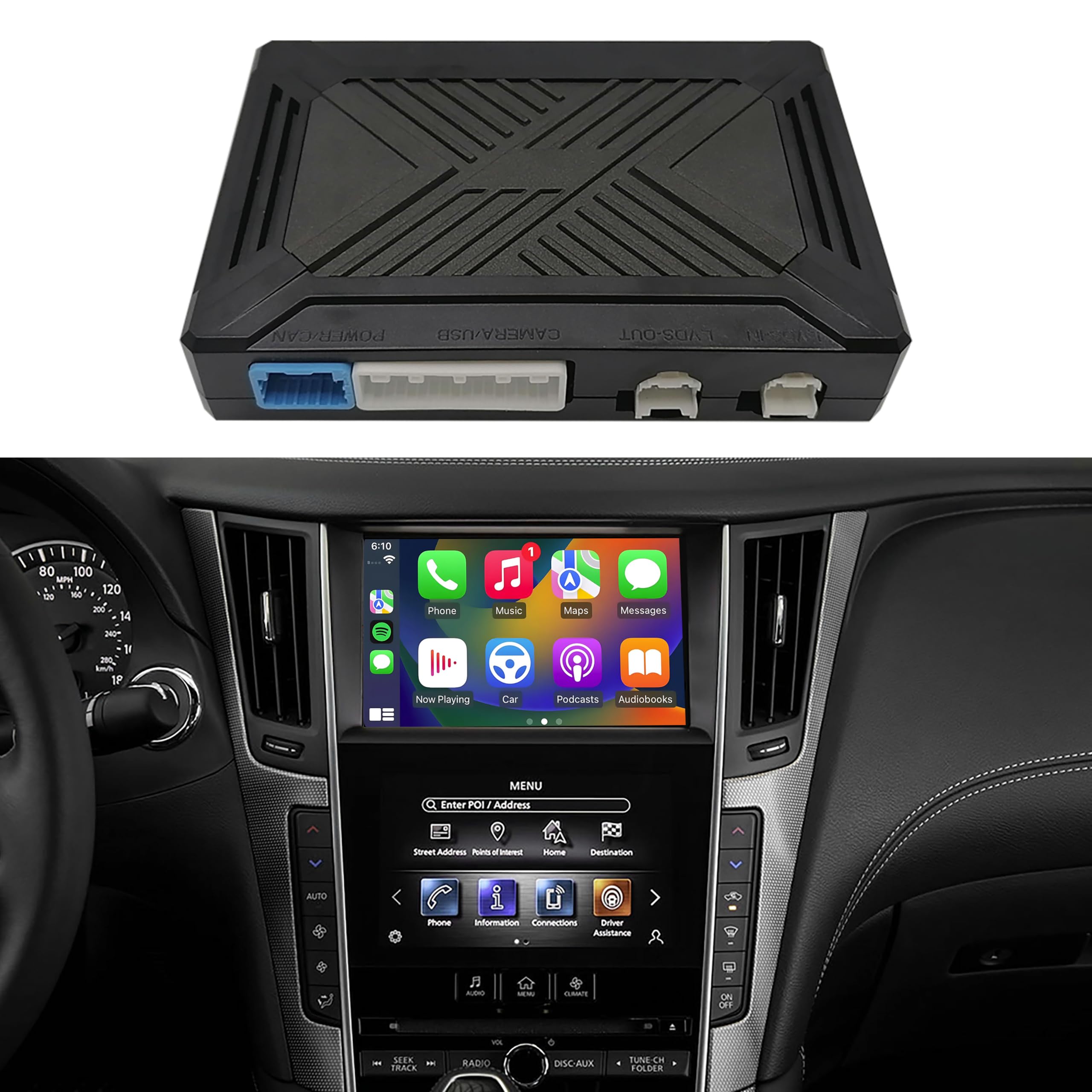ماژول بی‌سیم CARAMCO سازگار با CarPlay و Android Auto قابل استفاده با انفینیتی Q50 Q50L QX50 Q60 2015-2019، کیت بازسازی پشتیبانی از دوربین اصلی، صدا و میکروفون بلوتوث است.