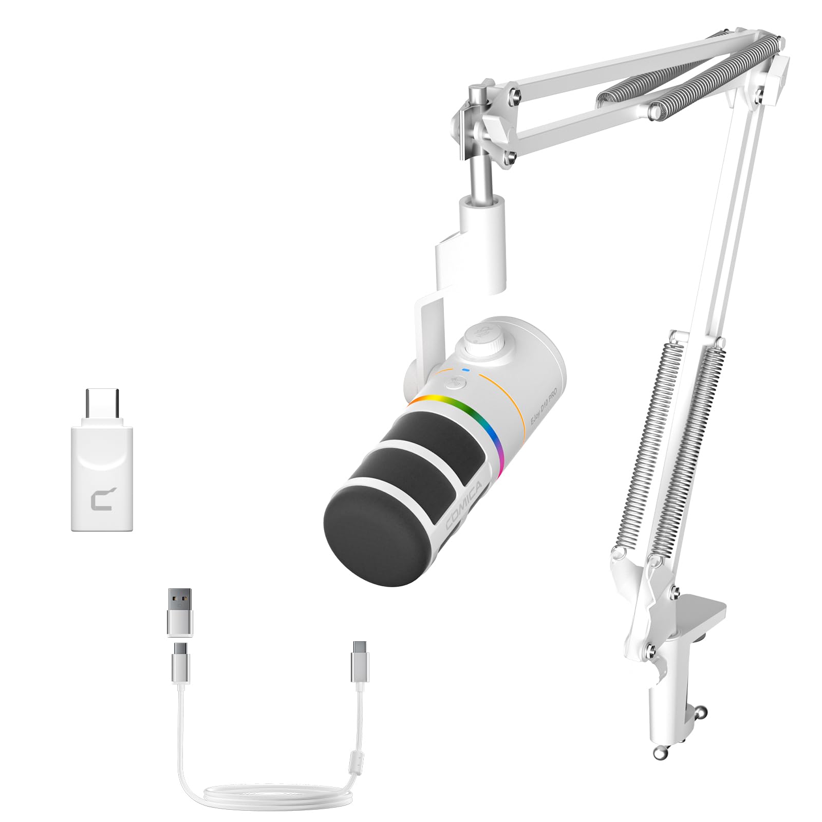 میکروفون حرفه ای COMICA EJoy D10 Pro XLR/USB-C برای پادکستینگ و ضبط صدا، میکروفون دینامیک با سیم/بی‌سیم برای کامپیوتر رومیزی با Boom Arm، کوچک کردن صدا، کاهش نویز، افزایش تقویت، برای کامپیوتر، PS4، PS5، استریم زنده، یوتیوب - CK-D10 PRO(A) سفید