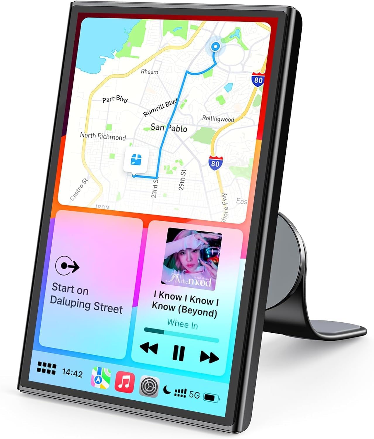 نمایشگر بی‌سیم قابل حمل Avylet 7 اینچی با نگه‌دارنده مغناطیسی برای Apple CarPlay و Android Car، صفحه لمسی 60 فریم بر ثانیه، GPS، کنترل صوتی، به‌روزرسانی OTA، اتصال آینه، قالب عمودی/افقی