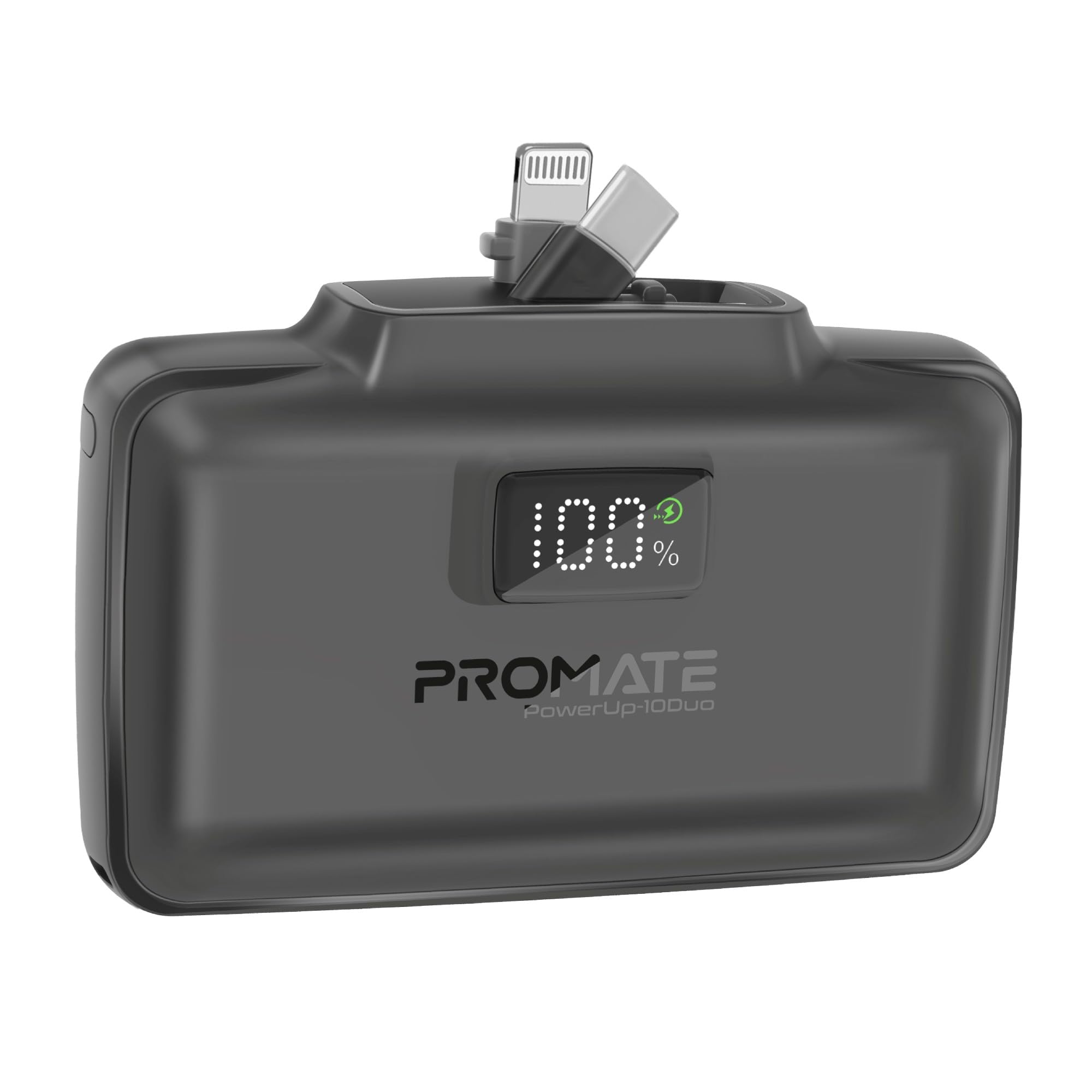 پاور بانک قابل حمل Promate 10000mAh با درگاه USB-C 20 واتی داخلی / خارجی با کانکتور قابل تاشو و 20 واتی و نوری، درگاه شارژ USB-C سریع، نمایشگر LED، PowerUp-10Duo مشکی