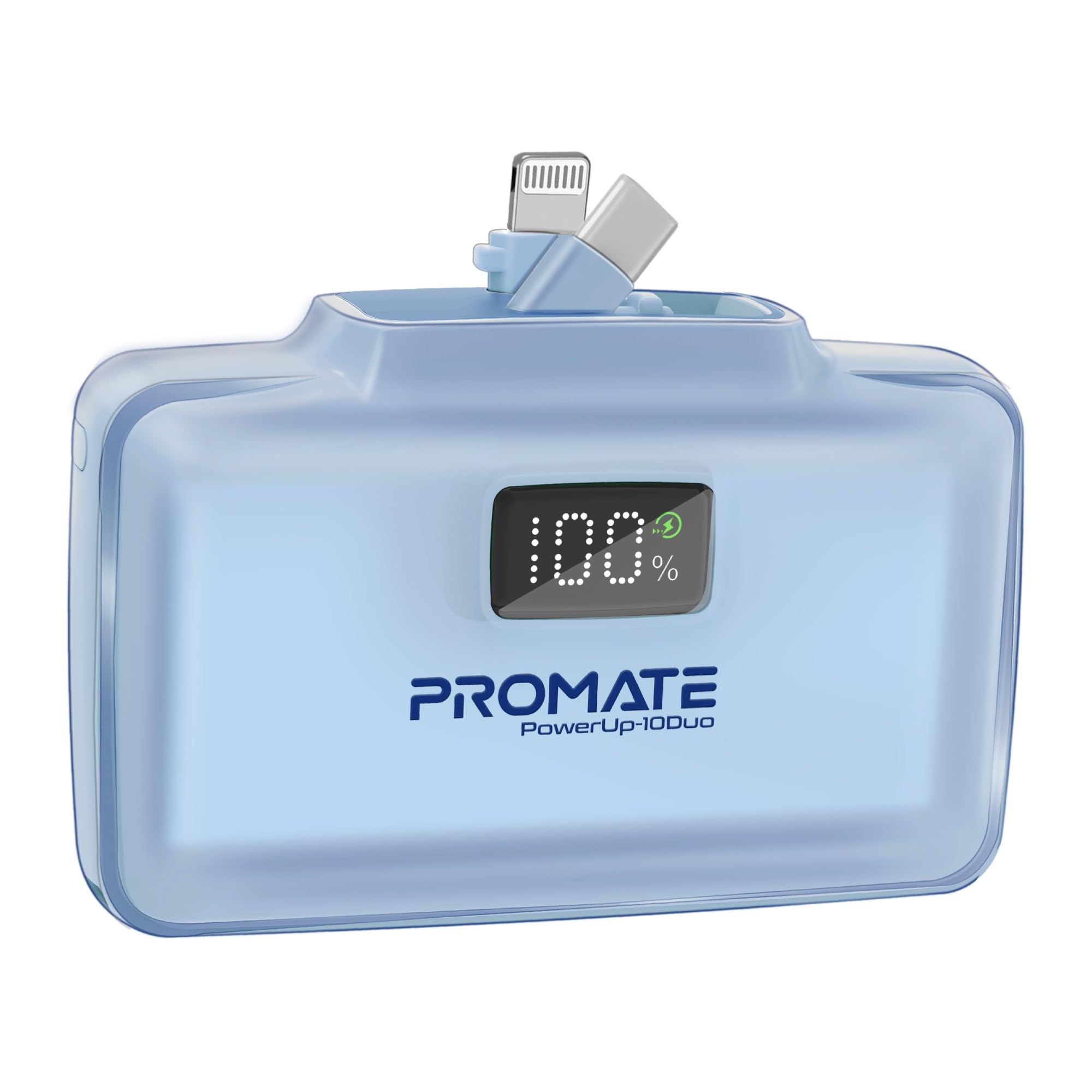 پاوربانک قابل حمل Promate 10000mAh با کانکتور USB-C 20W داخلی/خارجی قابل انعطاف و کانکتور Lightning 20W قابل انعطاف، درگاه شارژ USB-C سریع، نمایشگر LED، (آبی)