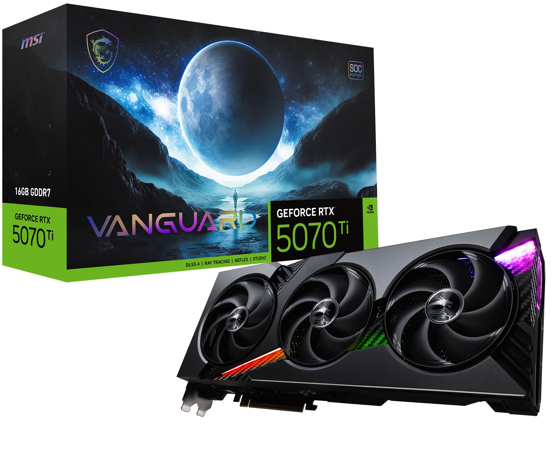 کارت گرافیک MSI Gaming RTX 5070 Ti 16G Vanguard SOC (۱۶ گیگابایت GDDR7، ۲۵۶-بیت، عملکرد فوق‌العاده: ۲۶۰۲ مگاهرتز، DisplayPort x3 2.1a، HDMI 2.1b، معماری NVIDIA Blackwell)