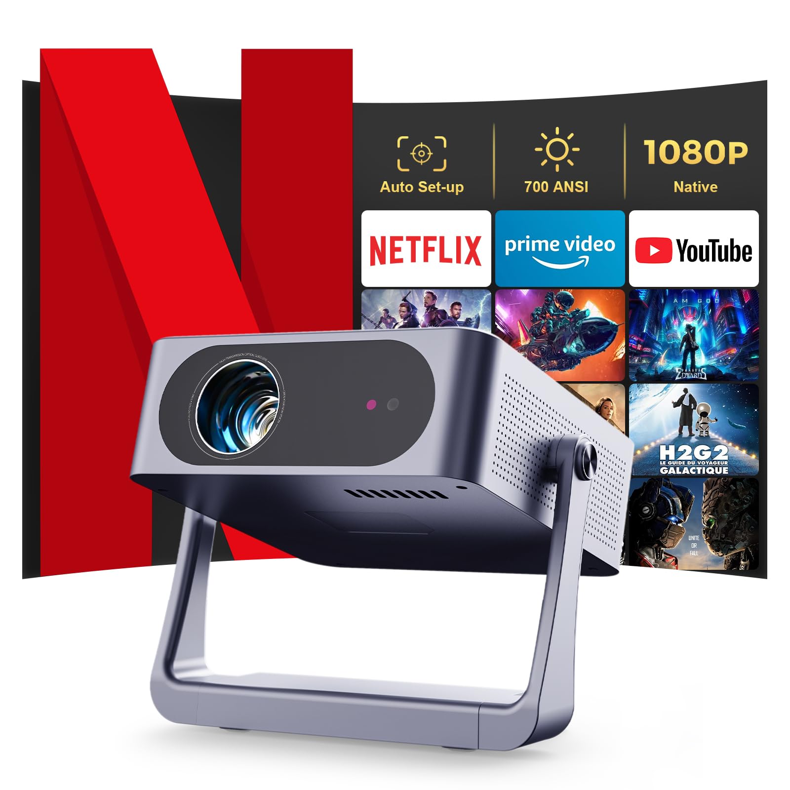 پروژکتور SAEJLLP [اتوفوکوس/کی‌استون و استند جیمبال] با اندروید TV، WIFI6 بلوتوث 700ANSI پیکسل پروژکتور‌های نیتیو 1080P، پشتیبانی از 4K پروژکتور هوشمند فیلم، تئاتر خانگی برای تلفن/تی‌وی استیک/HDMI/USB AE-C6