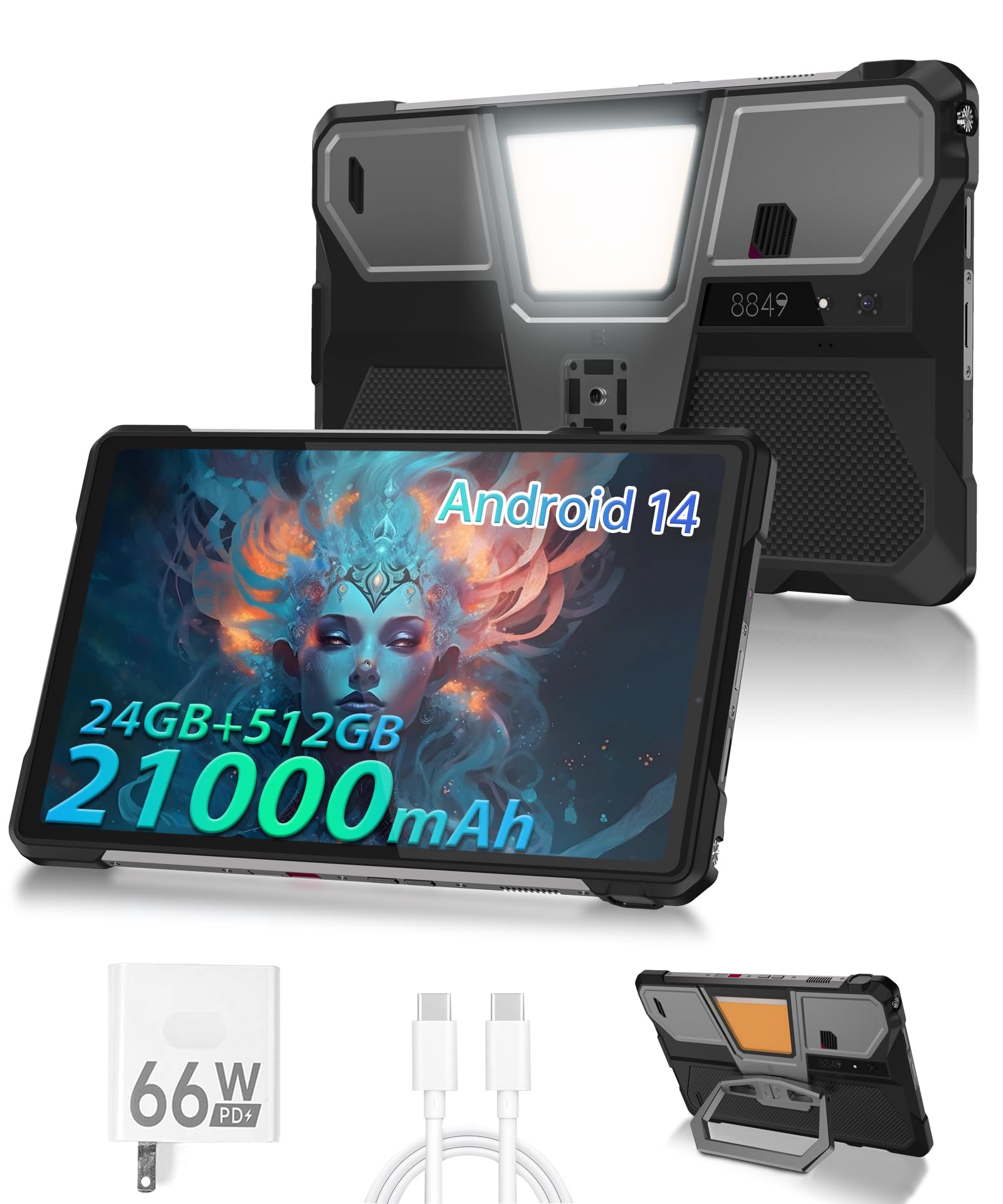 8849 تنک پد E تبلت اندروید 14، دوگانه 4G 10.95 اینچ تبلت پروژکتور مقاوم با 24 گیگابایت رم، 21000 میلی‌آمپر اکتا‌کور ضدآب بیرونی تبلت های آنلاک شده با 512 گیگابایت حافظه داخلی، دوربین 50 فوتومگاپیکسل + 32 مگاپیکسل، چراغ کمپینگ/وای‌فای/بلوتوث 5.3/جی‌پی‌اس