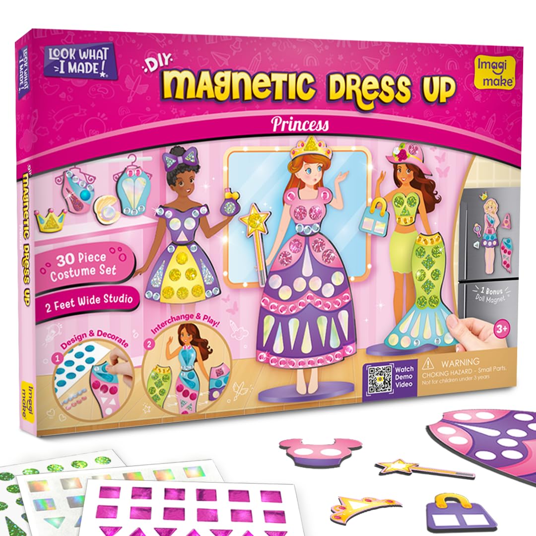Imagimake DIY Magnetic Dress-Up Princess | اسباب بازی تخلیه تصویری بندرگاهی | برای دختران | 30 لباس و لوازم جانبی مغناطیسی | تبادل و ایجاد لباس های بی‌پایان | هدیه تولد برای دختران سنین 3، 4، 5، 6، 7