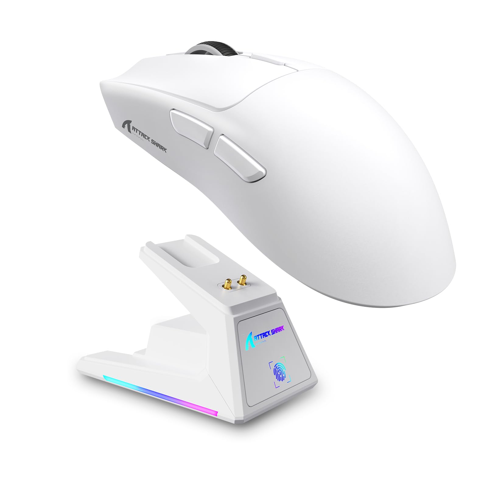 ماوس بازی بی‌سیم ATTACK SHARK X1 با داک شارژ RGB، حسگر PAW3395 PRO تا 40K DPI، موشواره کامپیوتری فوق العاده سبک 53 گرمی با سه حالت، نرخ پولینگ 1KHz و 5 دکمه قابل برنامه‌ریزی برای ویندوز/مک - سفید
