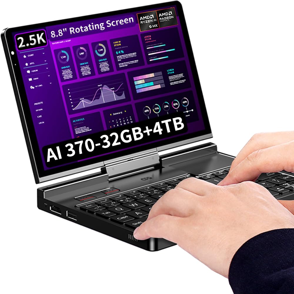 لپ تاپ دستی قابل حمل GPD Pocket 4 [AI 370-32GB+4TB] مدولار 8.8 اینچی با صفحه نمایش قابل چرخش 2560x1600، کامپیوتر تبلت PC وین ۱۱ هوم OS چرخش ۱۸۰ درجه ای AI PC