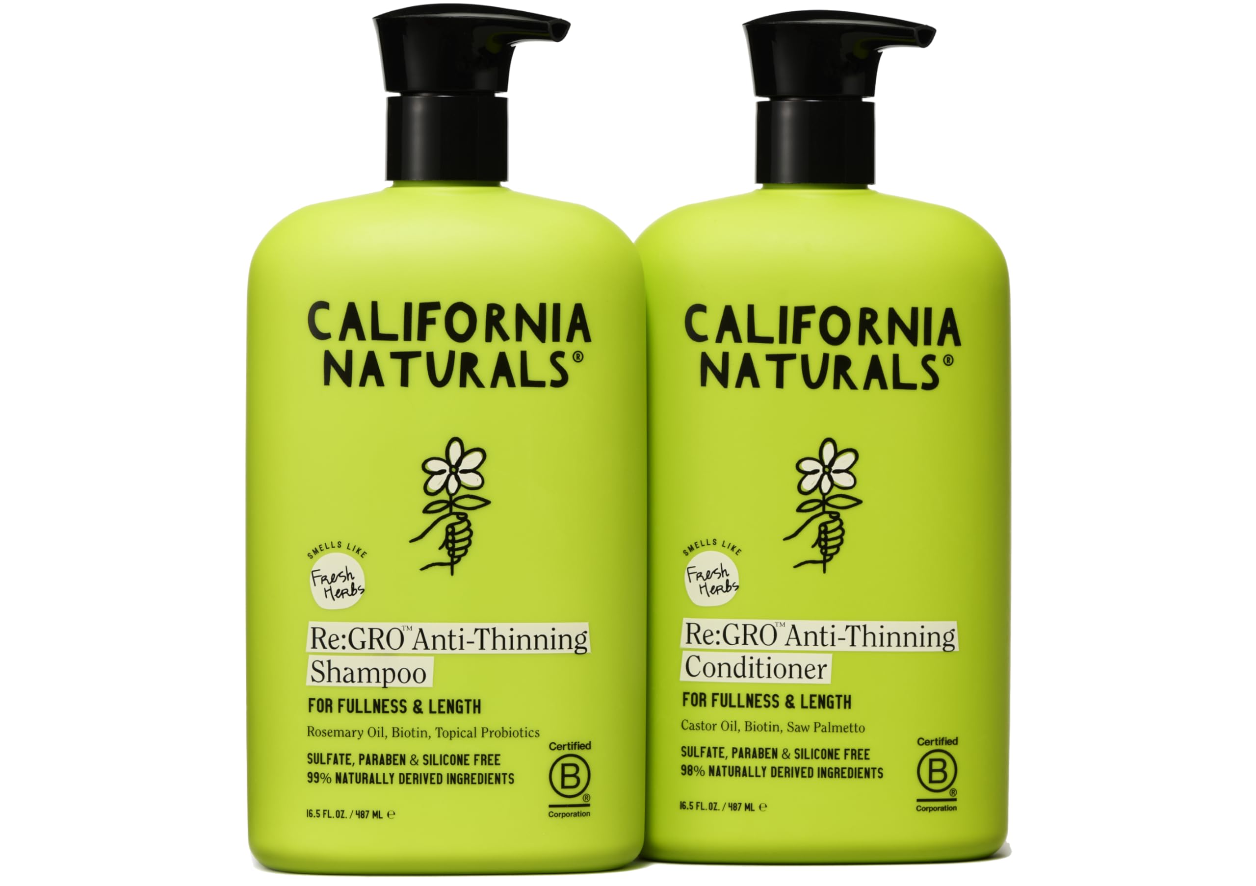 مجموعه شامپو و کندیشنر California Naturals Re:GRO، حمایت از رشد مو و پیشگیری از نازک شدن، مناسب برای انواع مو، گیاهی، طبیعی، بدون خشک کن و سولفات برای زنان و مردان، 16.5 اونس