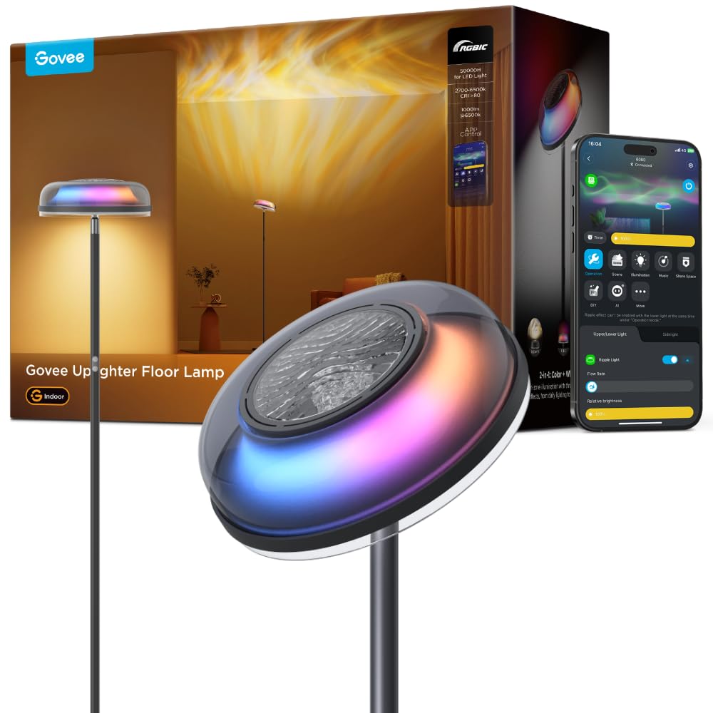 لامپ های طبقه ای Govee Uplighter با سه ناحیه مستقل، نوردهی موج موجی RGBIC سفید گرم و سرد با Matter و Alexa کار می کند، 80+ حالت صحنه، 1000 لومن، 2700-6500K، ایده آل برای اتاق نشیمن، اتاق خواب، دفتر