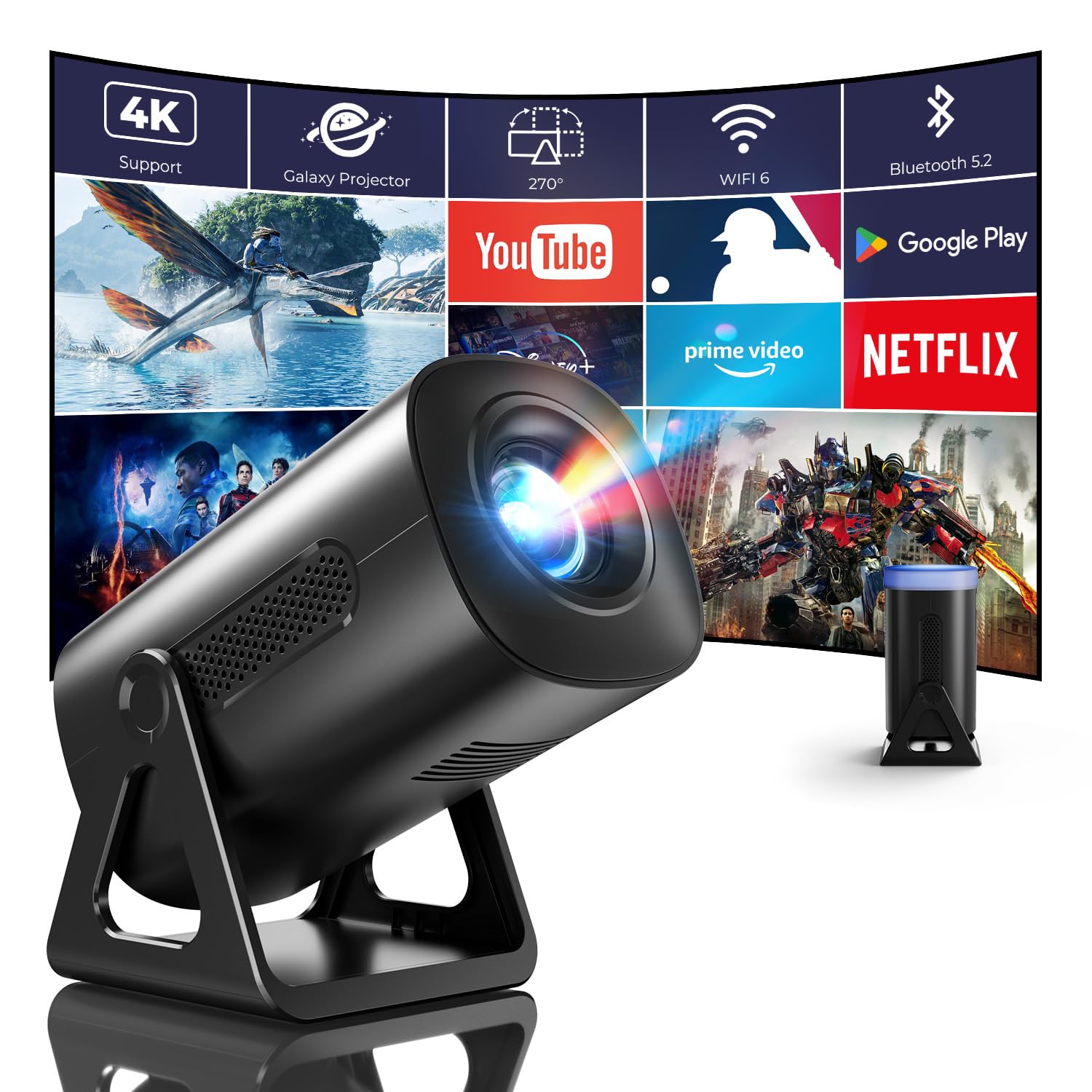 پروژکتور Mini CLOKOWE، پشتیبانی از 4K 1080P با وای فای و بلوتوث، ایستگاه قابل تنظیم 270 درجه تئاتر خانگی خارجی با سیستم عامل Android TV و 8000+ برنامه برای تلفن / چوب تلویزیونی / لپ تاپ / HDMI پروژکتور Mini ارتقا یافته با ایستگاه قابل تنظیم