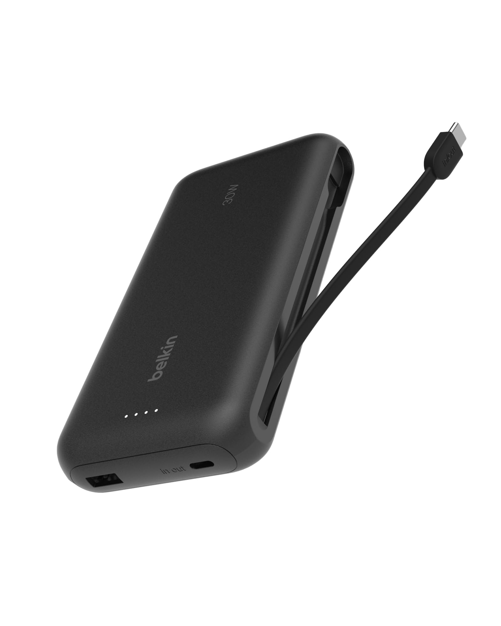شارژر قابل حمل Belkin، پاور بانک با کابل یکپارچه 20K PD 30W - شارژ سریع توسط پورت USB-C، شارژر قابل حمل برای آیفون‌های سری 16، آیپد پرو، گلکسی سری S25 و دیگر دستگاه‌ها - رنگ مشکی