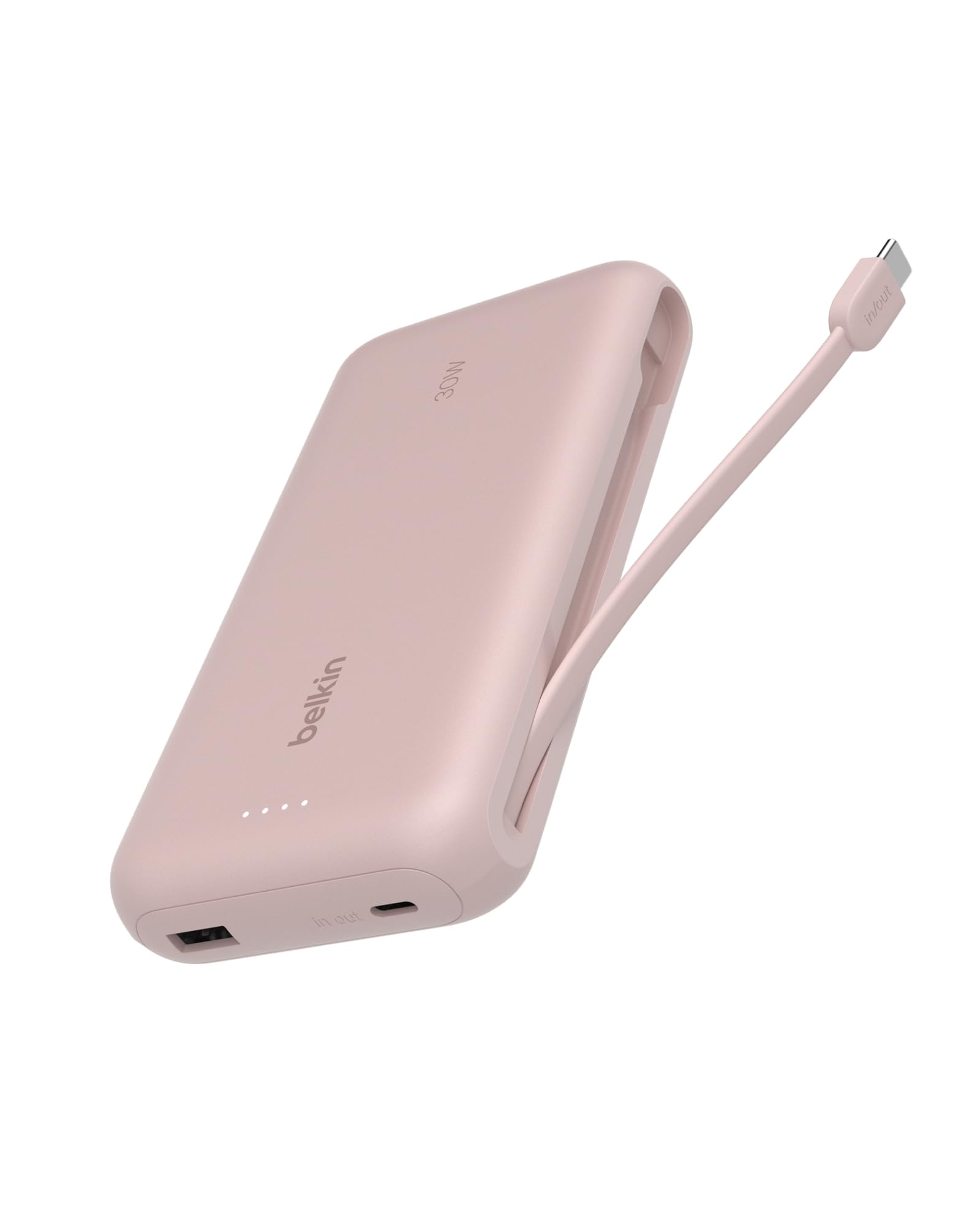 شارژر قابل حمل Belkin، پاور بانک با کابل یکپارچه 20K PD 30W - شارژ سریع توسط USB-C Power Delivery، شارژر قابل حمل برای آیفون سری 16، iPad Pro، گالاکسی S25 و موارد دیگر - صورتی