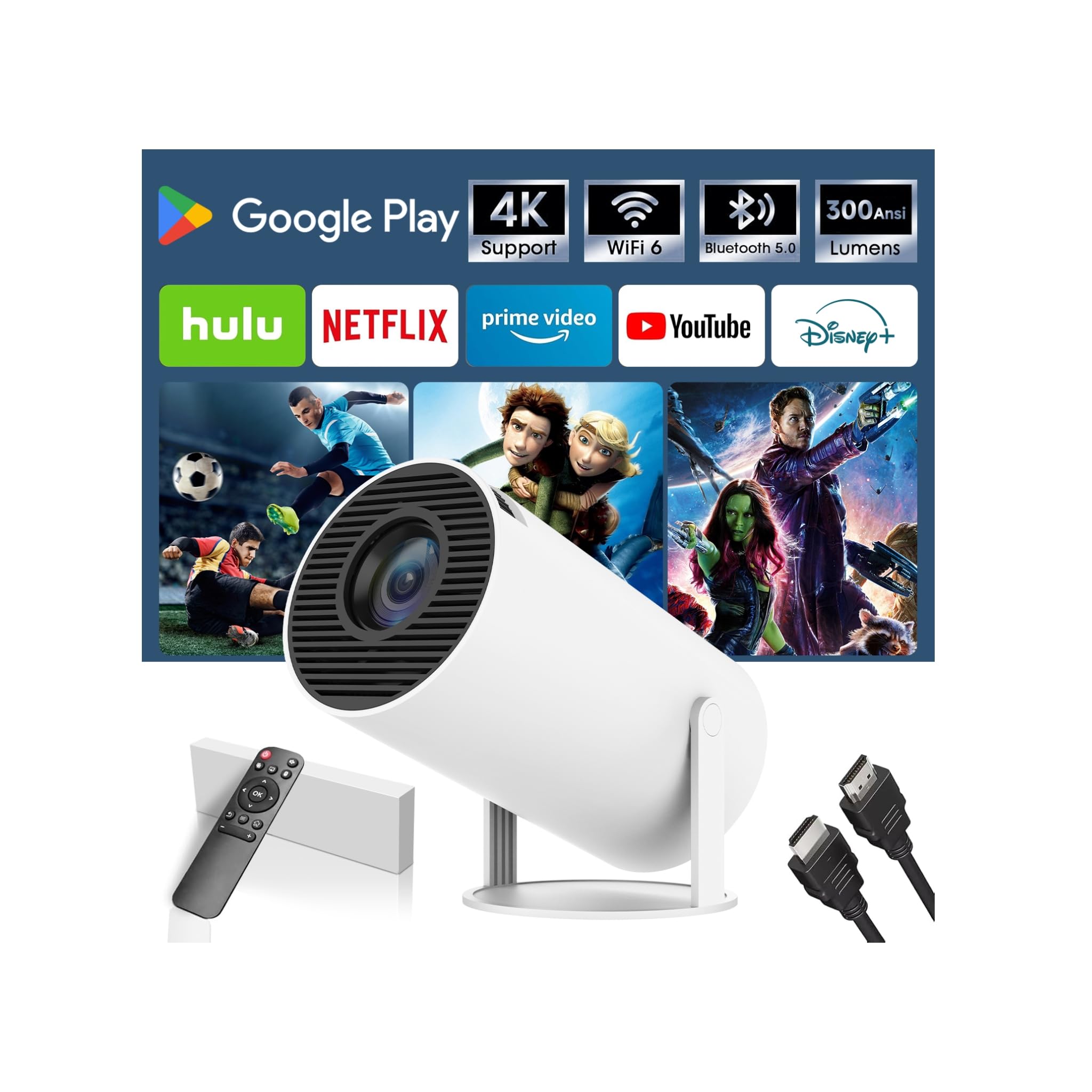 پروژکتور مینی 4K با وای فای و بلوتوث، پروژکتور قابل حمل هوشمند با کی‌استون خودکار، نمایش 30-130 اینچ، پروژکتور فیلم مناسب برای گوشی هوشمند، HDMI، USB، PS5، استفاده داخلی و خارجی