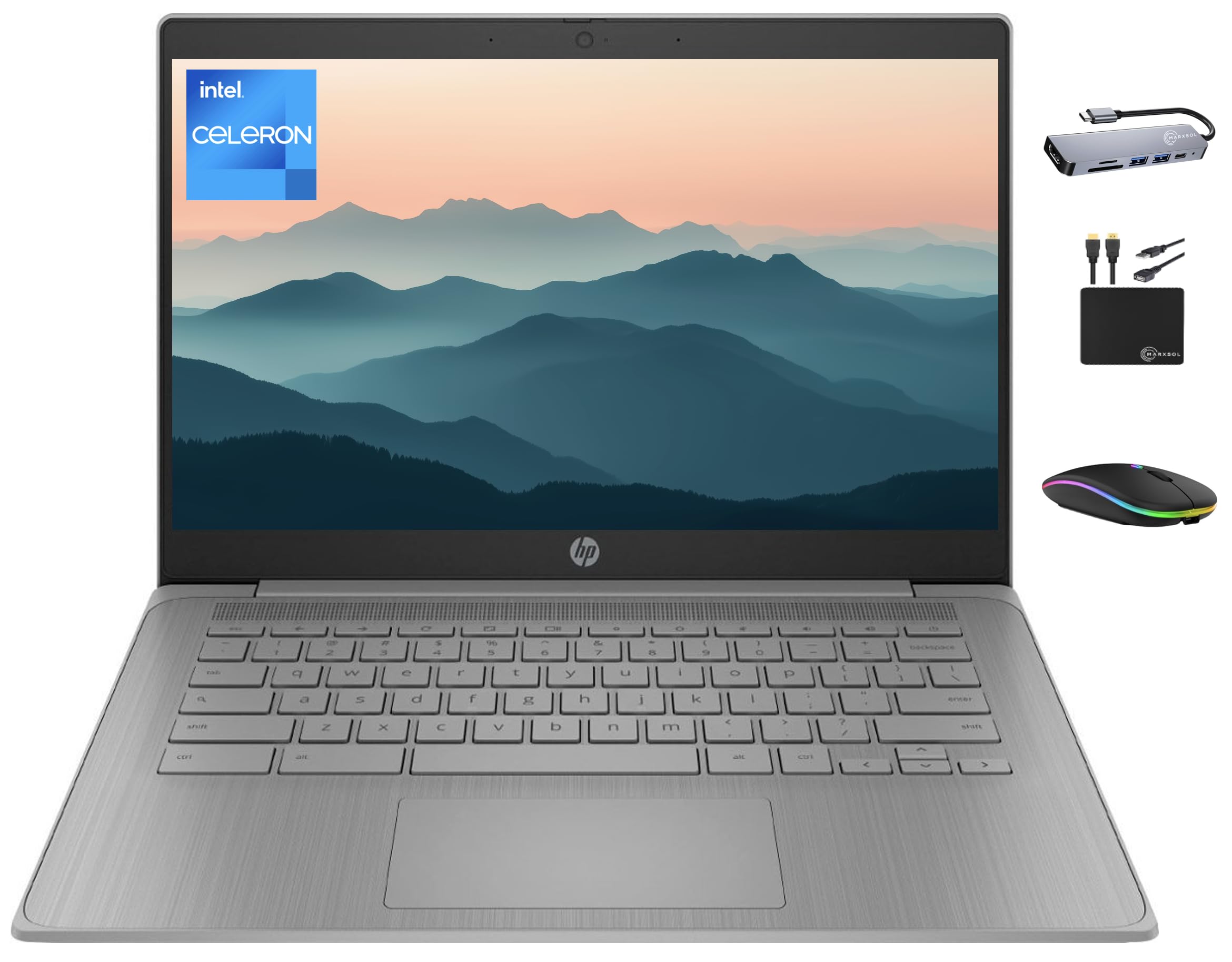 لپ تاپ HP Chromebook 2025 Premium 14" با کیفیت تصویری بالا، سبک و باریک برای کارهای تجاری، پردازنده Intel چهار هسته‌ای، 4GB RAM، حافظه‌ی 192GB (64GB eMMC + 128GB کارت)، WiFi، وب‌کم، باتری با عمر طولانی، سیستم عامل Chrome OS + لوازم جانبی Marxsol