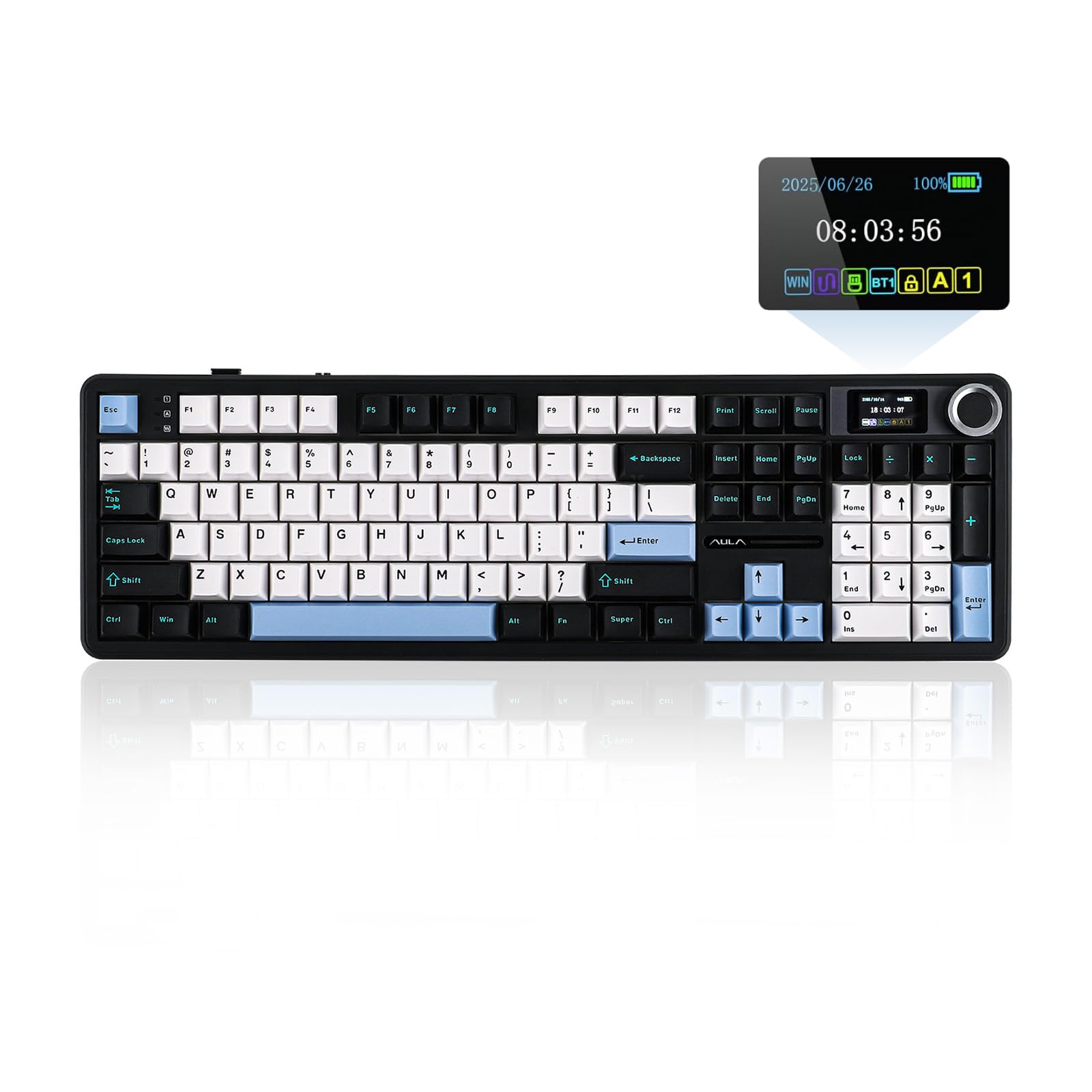صفحه کلید بازی بی‌سیم EPOMAKER X AULA F108 PRO با صفحه نمایش، باتری ۸۰۰۰mAh، ۱۰۴ کلید قابل تعویض و برنامه‌ریزی، دکمه چرخشی، نور پس‌زمینه RGB، برای مک/کامپیوتر شخصی/اندروید (آبی و سفید و مشکی)