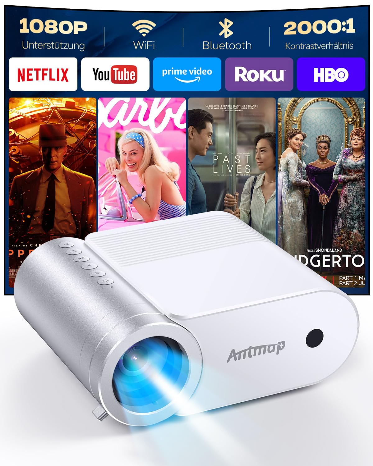 آنتمپ مینی پروژکتور 4K، پروژکتور کوچک با بلوتوث و وای فای برای تلفن همراه، پروژکتور 1080P سینمای خانگی آیفون/اندروید، پروژکتور 400 ANSI خانگی/خارجی سازگار با تلفن همراه/تایپ سی/این وی/یو اس بی 320-2
