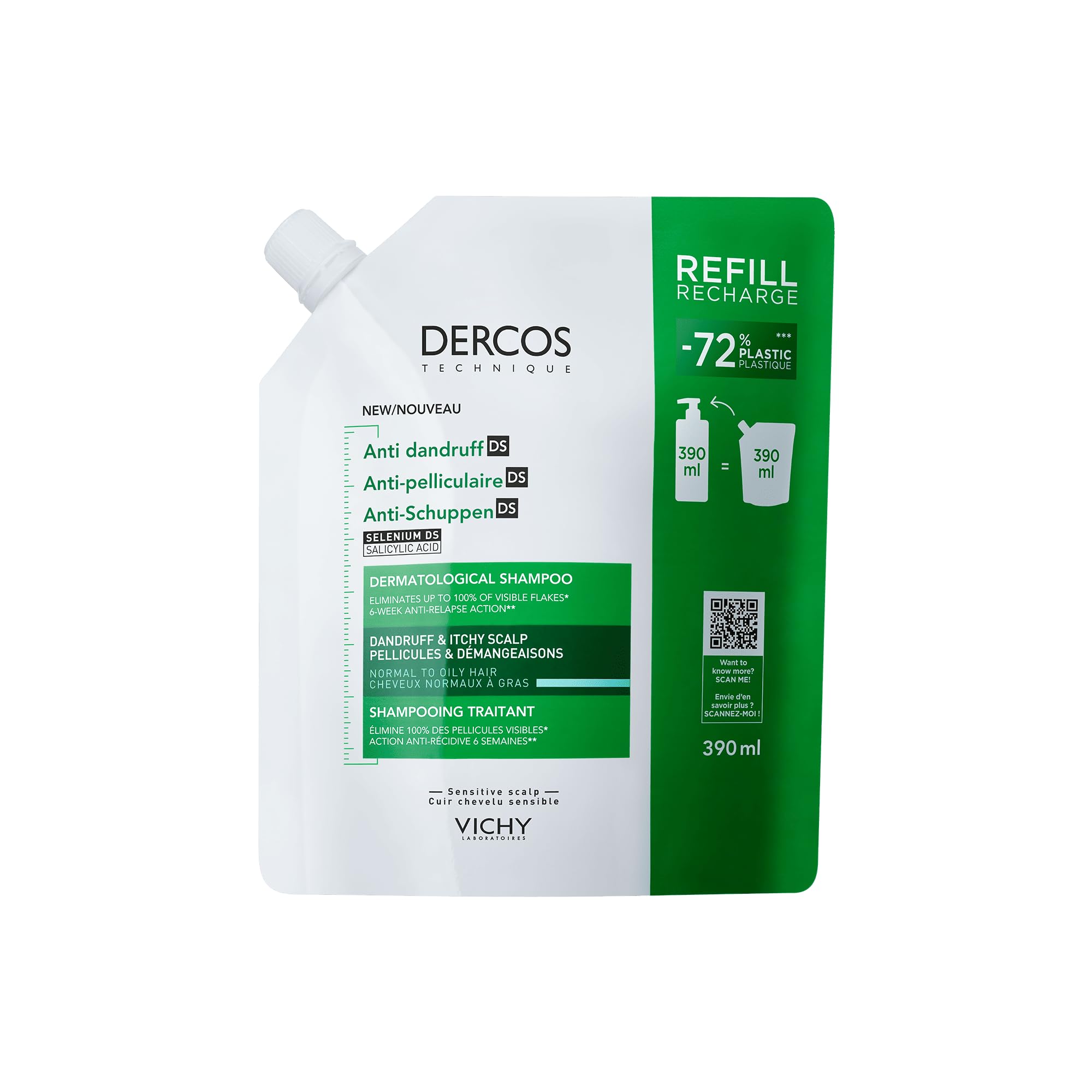 شامپو ضد شوره Dercos مناسب برای موهای معمول تا چرب با ظرفیت 390 میلی لیتر (Refill)