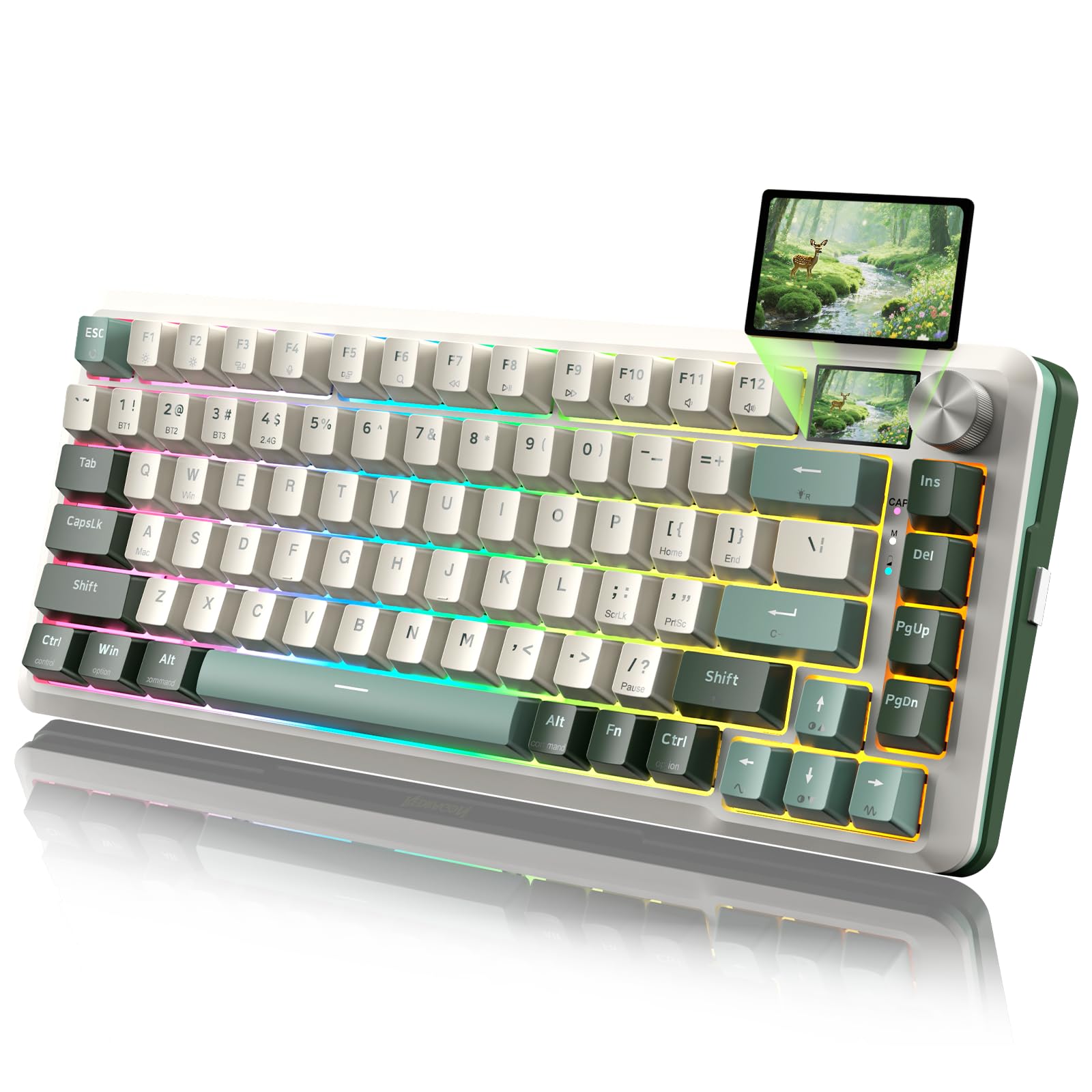 کیبورد بازی مکانیکی بی‌سیم Redragon K708 Pro - Gasket-Mounted RGB Backlit، 81 کلید قابل تنظیم، 3 حالت (2.4G/بلوتوث/USB)، سوییچ‌های Hot-Swap Pre-Lubed، صفحه نمایش و دکمه کنترل - سفید سبز