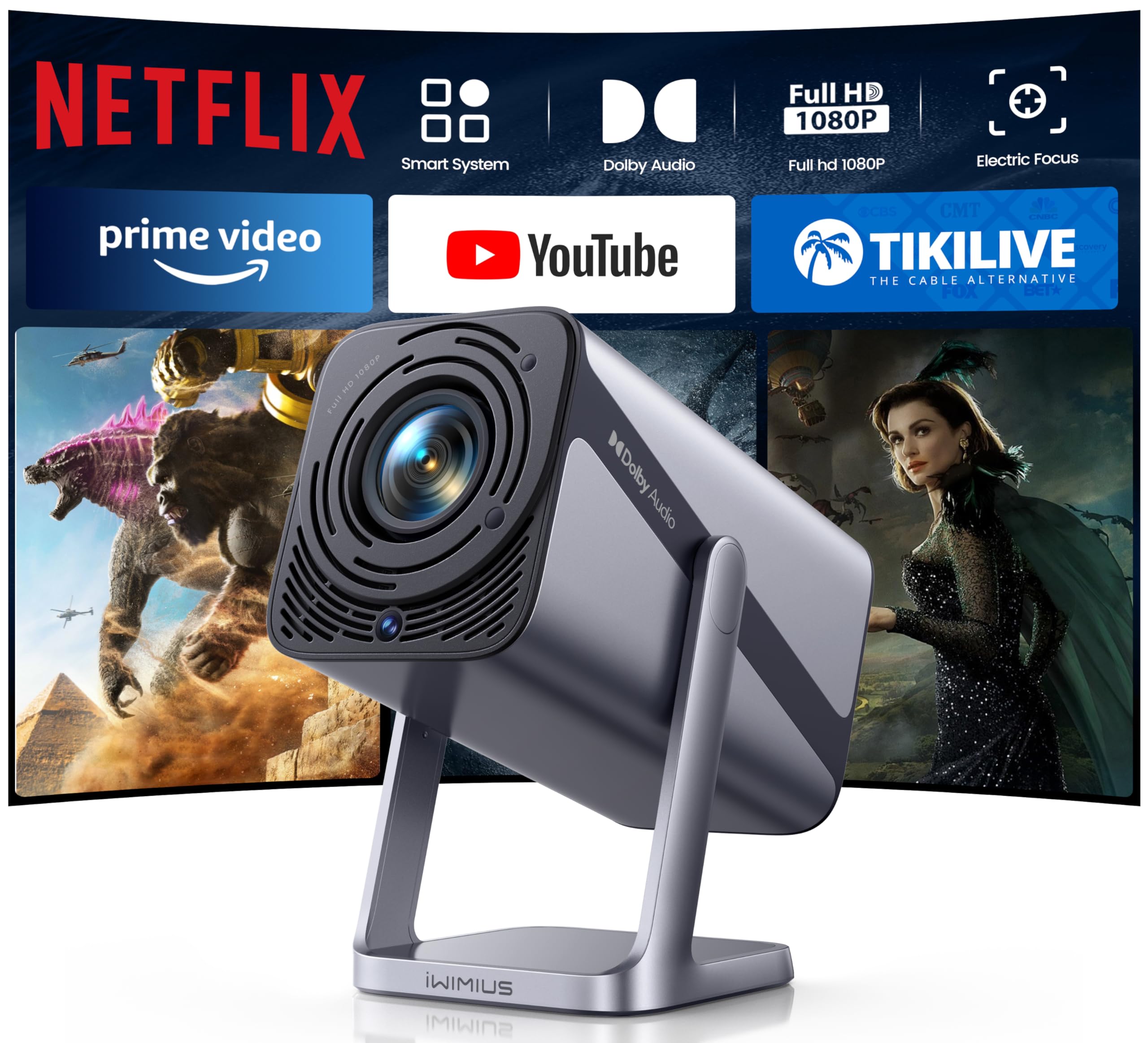 پروژکتور هوشمند با ویژگی‌های WiFi 6 و بلوتوث 2 طرفه، صدای دالبی / خودکار کی‌استون / زوم، ایستگاه قابل تنظیم ۳۶۰ درجه، پروژکتور قابل حمل مینی iWIMIUS خارجی با HDMI ARC طوسی