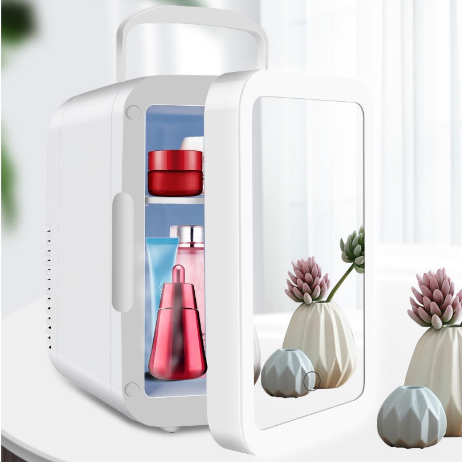 یخچال مینی یهپور، یخچال مینی آرایشی برای مراقبت از پوست با آینه LED قابل تنظیم، یخچال مینی 4 لیتری برای آرایش در اتاق خواب، خودرو، یخچال و گرم‌کن کوچک برای آرایش، مراقبت از پوست و غذا - سفید
