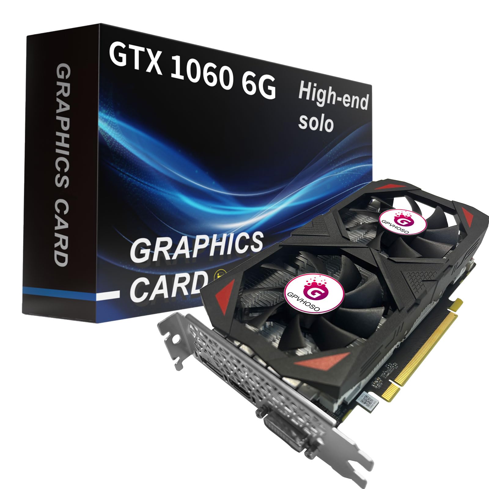 GPVHOSO GTX 1060 6GB کارت گرافیک با حافظه GDDR5 192 بیتی، آماده واقعیت مجازی 4K، با دو فن خنک‌کننده، پشتیبانی از DirectX 12، PCIe 3.0 ×16، HDMI، DVI و DisplayPort، عملکرد بالا برای بازی و کارهای خلاقانه