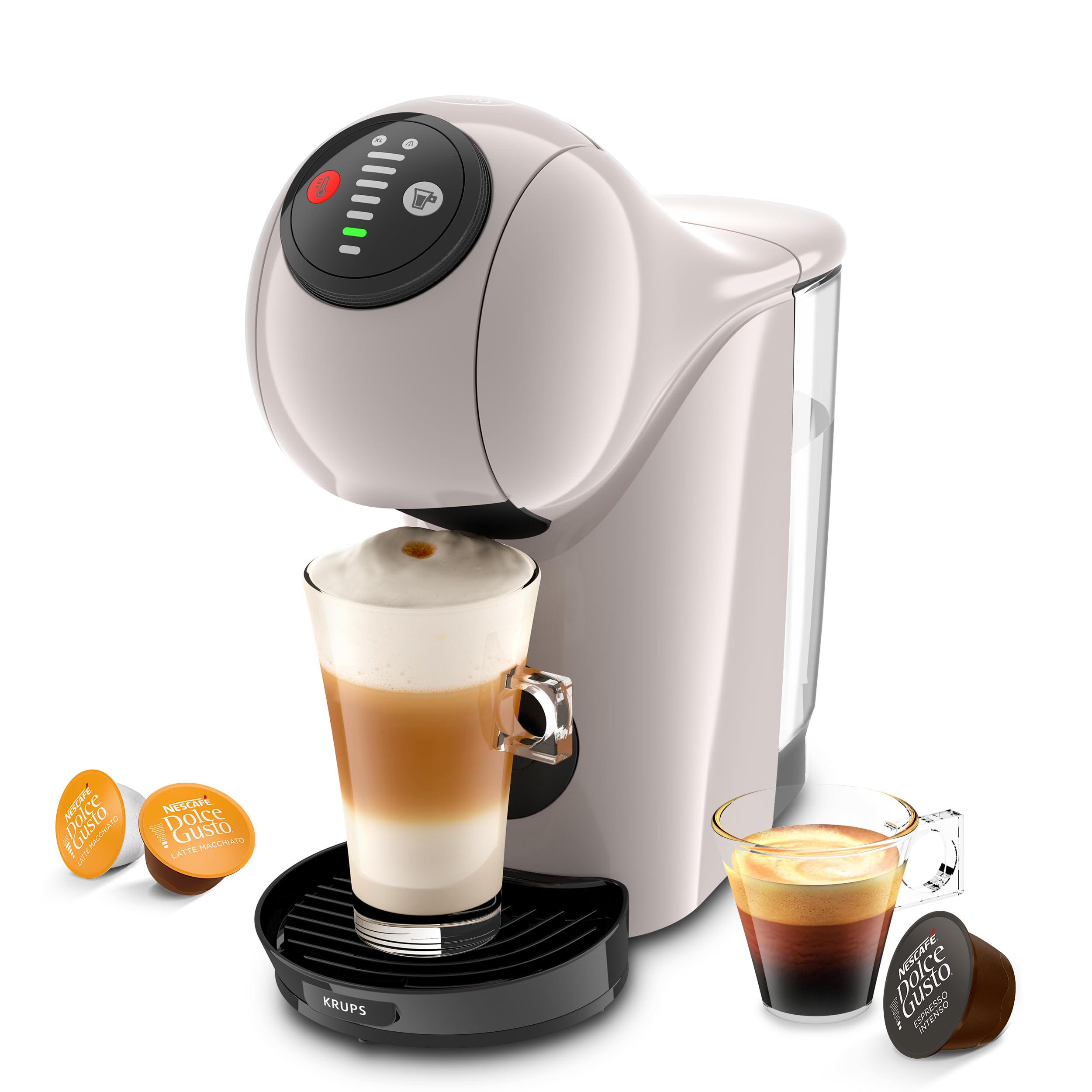 ماشین قهوه‌ساز Krups NESCAFÉ Dolce Gusto KP243A GENIO S برای انواع نوشیدنی‌ها، کومپکت، با فشار بالا، اندازه‌های قابل تنظیم XL، اسپرسوی کامل فقط در 30 ثانیه، خاموشی خودکار، رنگ قهوه‌ای سیر ترجمه شد.