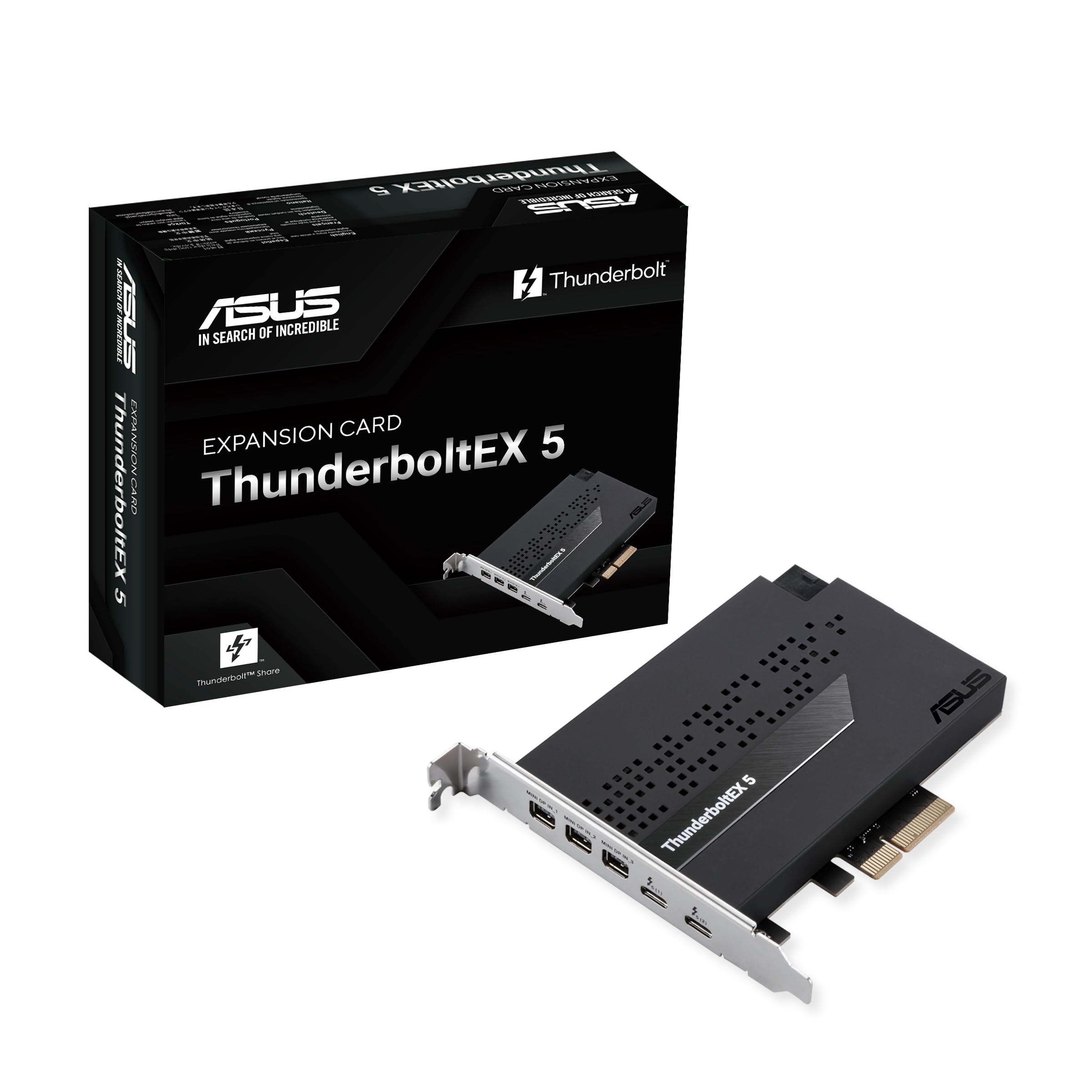 کارت توسعه ASUS ThunderboltEX 5 - دو پورت Thunderbolt™ 5 USB-C، پهنای باند 120Gbps، DisplayPort™ 2.1، PCIe 4.0 x4، USB4®، قابل استفاده برای مادربردهای سری Intel 800