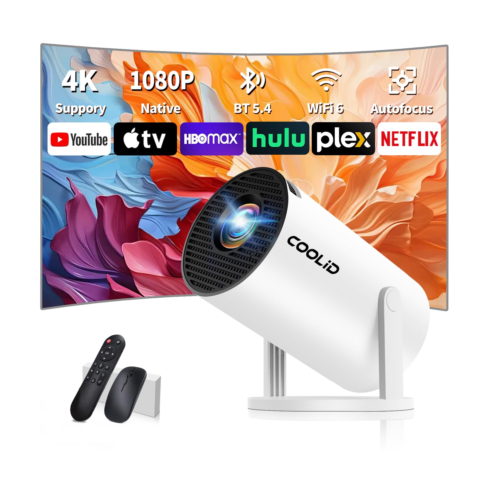 پروژکتور کوچک، پشتیبانی از 4K 1080P پروژکتور قابل حمل با دو باند WiFi6 5G و بلوتوث 5.4، قابلیت چرخش 270 درجه، اصلاح خودکار زاویه کی‌استون، پروژکتور ویدئویی 35-100 اینچ قابل اتصال به HDMI/USB/تلفن همراه - پروژکتور سفید
