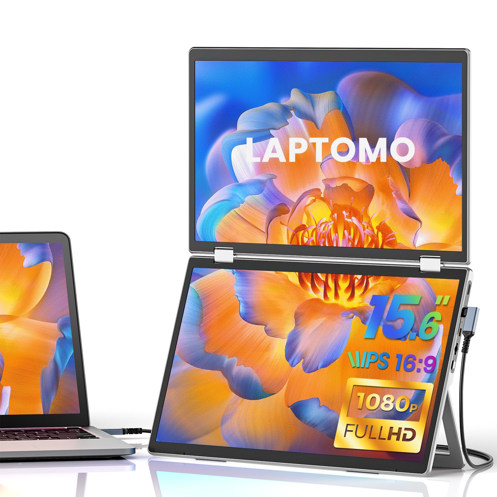 صفحه نمایش قابل حمل دوگانه Laptomo M2 برای لپ تاپ، صفحه نمایش لپ تاپ ۱۵.۶ اینچی ۱۰۸۰P، صفحه نمایش سه تایی قابل تاشو برای کامپیوتر Mac Windows با پایه قابل تنظیم، قابل تاشو ۱۸۰ درجه، قابلیت نصب VESA