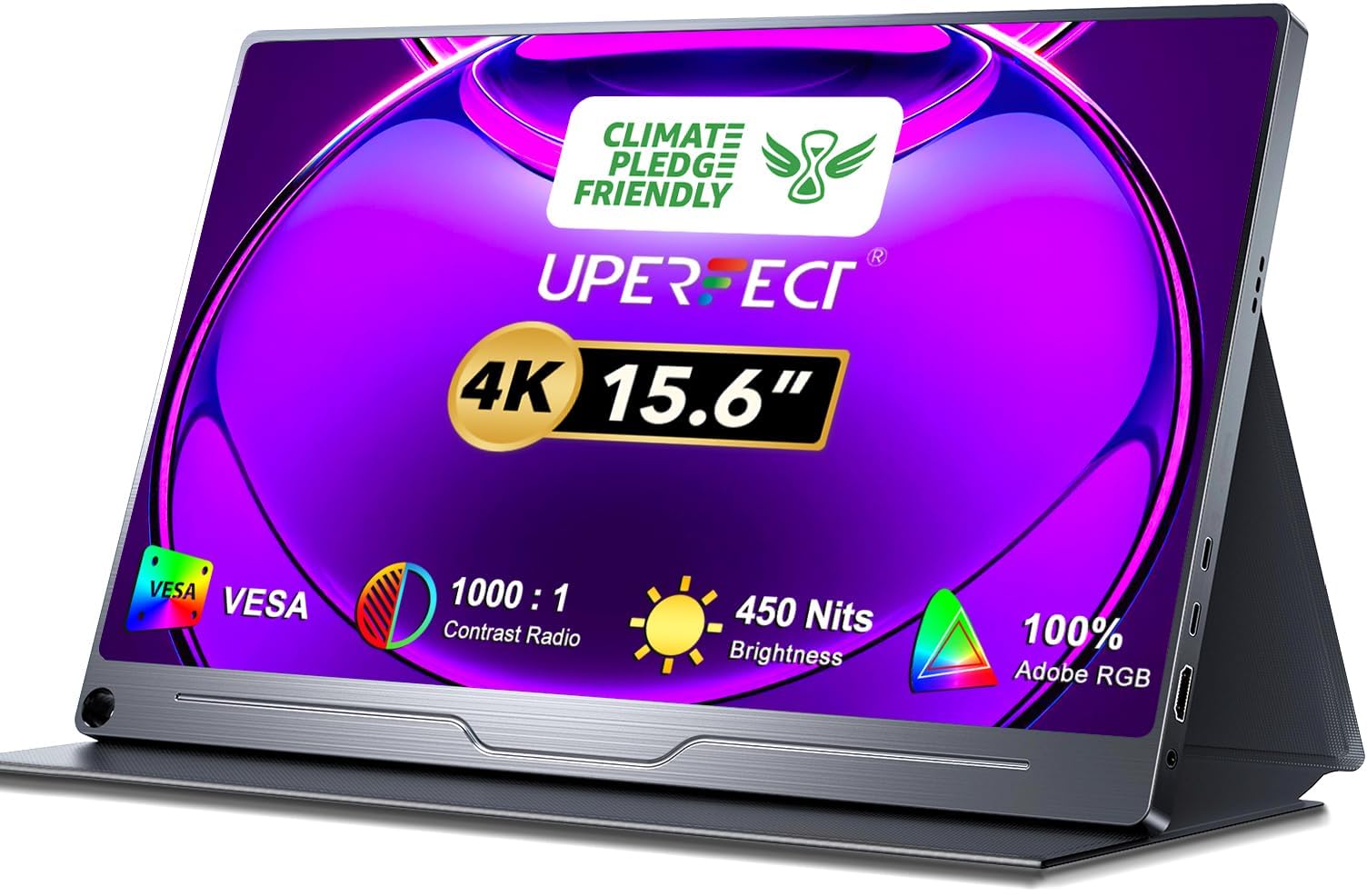 مانیتور کامپیوتر UPERFECT واقعاً 4K، 15.6 اینچ UHD FreeSync 100% AdobeRGB، روشنایی 450 نیتس HDR IPS با اسپیکر، مراقبت از چشم، نمایش بازی، 2 پورت Type-C، HDMI کامل برای لپ تاپ و تلفن، VESA و کیس هوشمند 15.6 اینچ 4K 60HZ