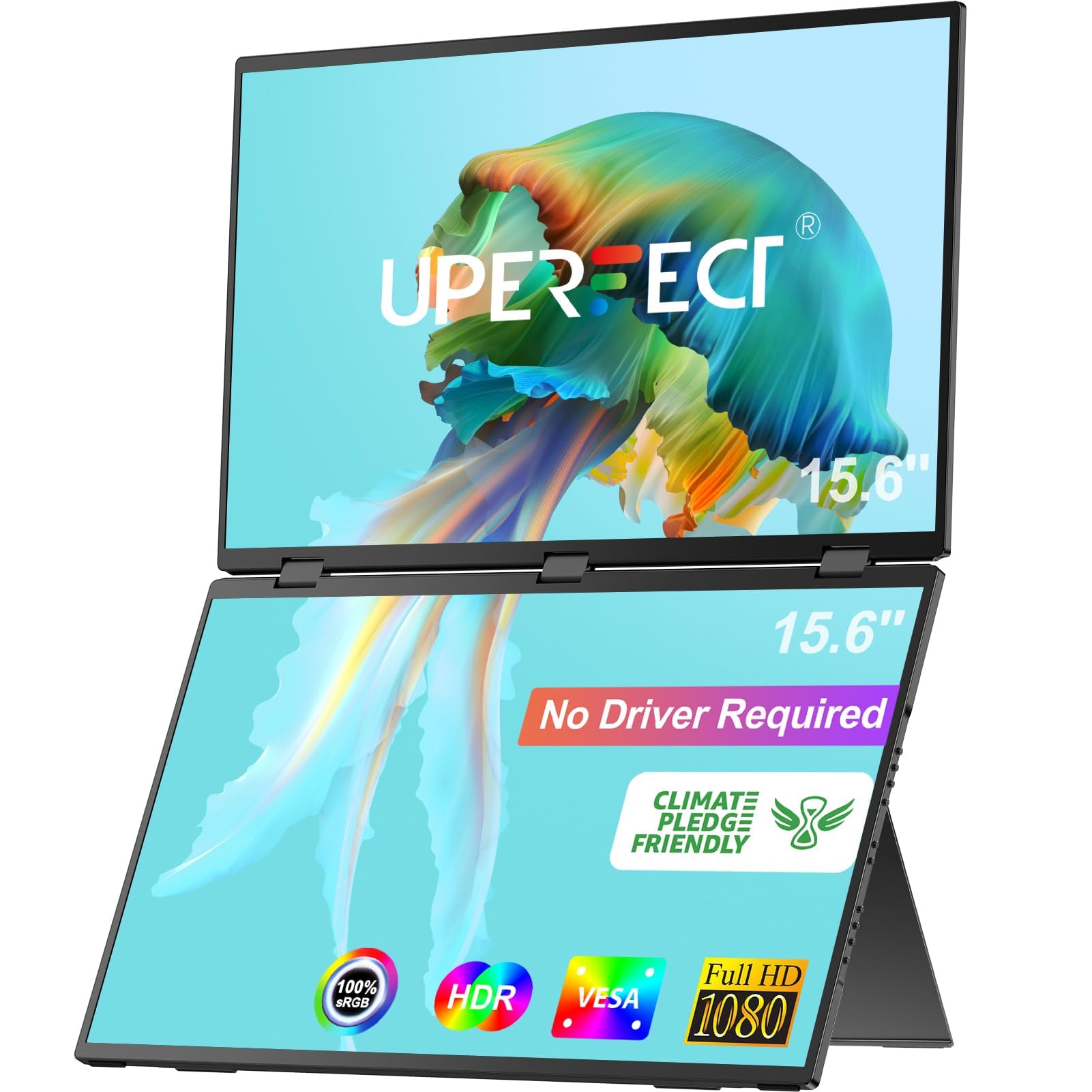 صفحه‌نمایش قابل‌حمل مانیتور دوگانه UPERFECT Delta 15.6 اینچ برای توسعه‌دهنده صفحه‌نمایش لپتاپ با کیفیت 1080P HDR، چرخش 360 درجه، سه مانیتور ترکیبی با آستانه برای لپتاپ، کامپیوتر شخصی، تلفن همراه و کنسول بازی (بدون نیاز به درایور) با اندازه 15.6 اینچ و کیفیت 1080P و فرکانس 60HZ دوگانه